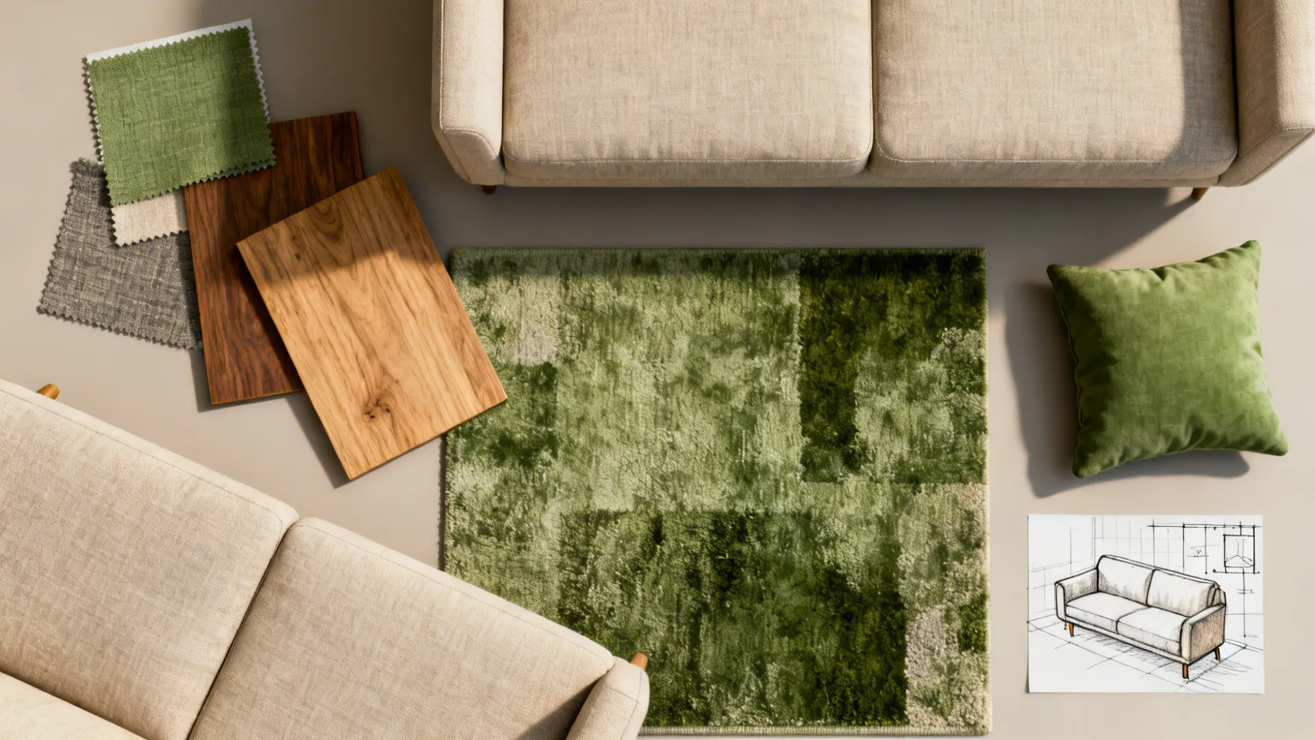 Flatlay of fabric swatches, wood finishes, rug sample and furniture sketch for small living room planning