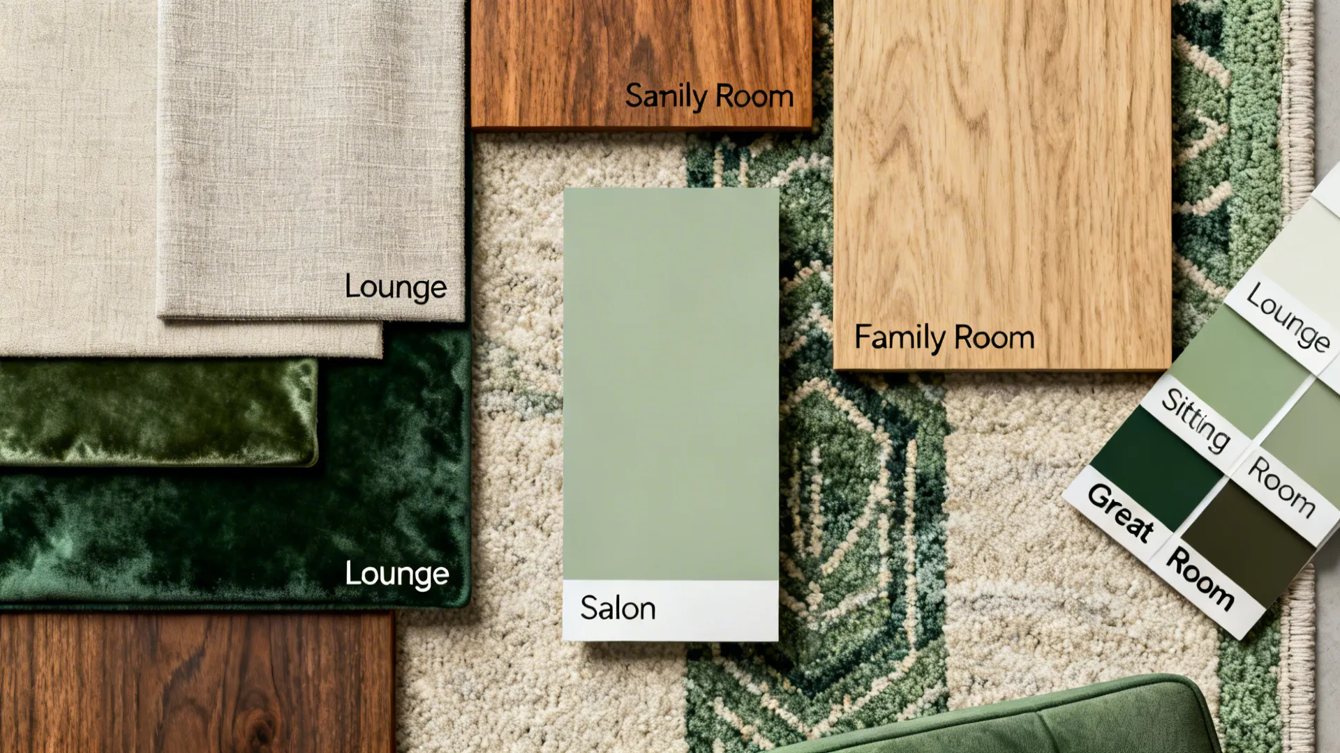 Material and color swatches for lounge, family room, sitting room, salon and great room