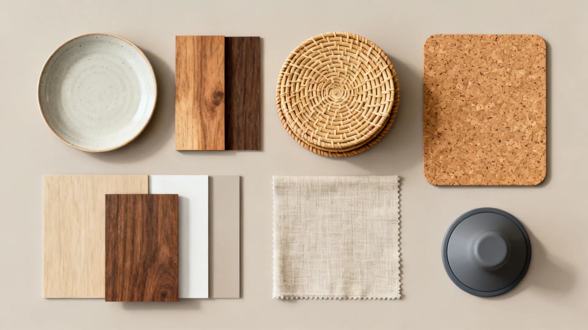 Top-down flatlay of durable materials: ceramic, wood, rattan, cork, linen and silicone samples for dining table decor.