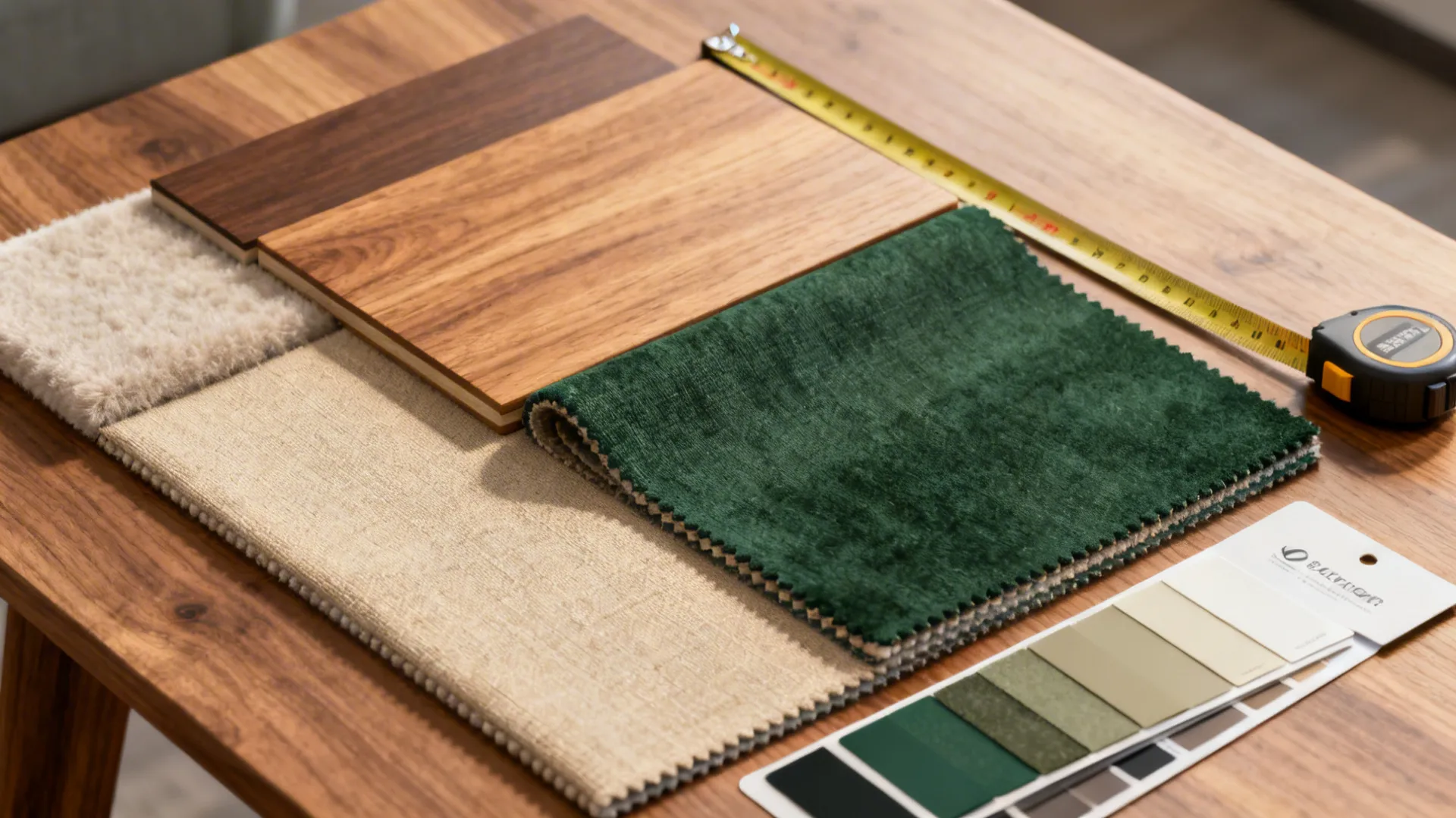 Material swatches of stain-resistant fabrics, matte wood, and acoustic textiles.