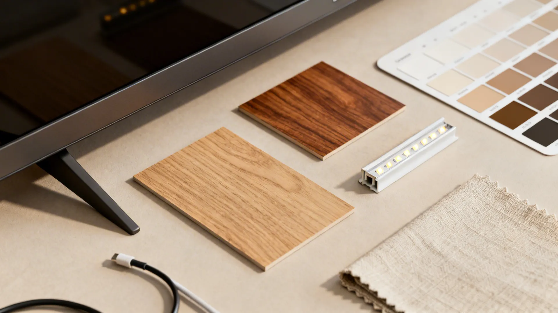 Material flatlay with matte TV bezel, wood swatches and bias lighting options for TV placement.