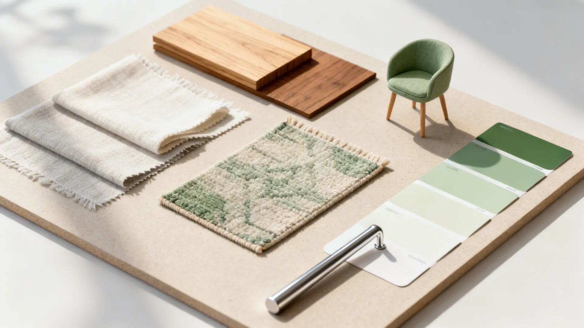 Flatlay of material swatches and paint chips for small living room planning