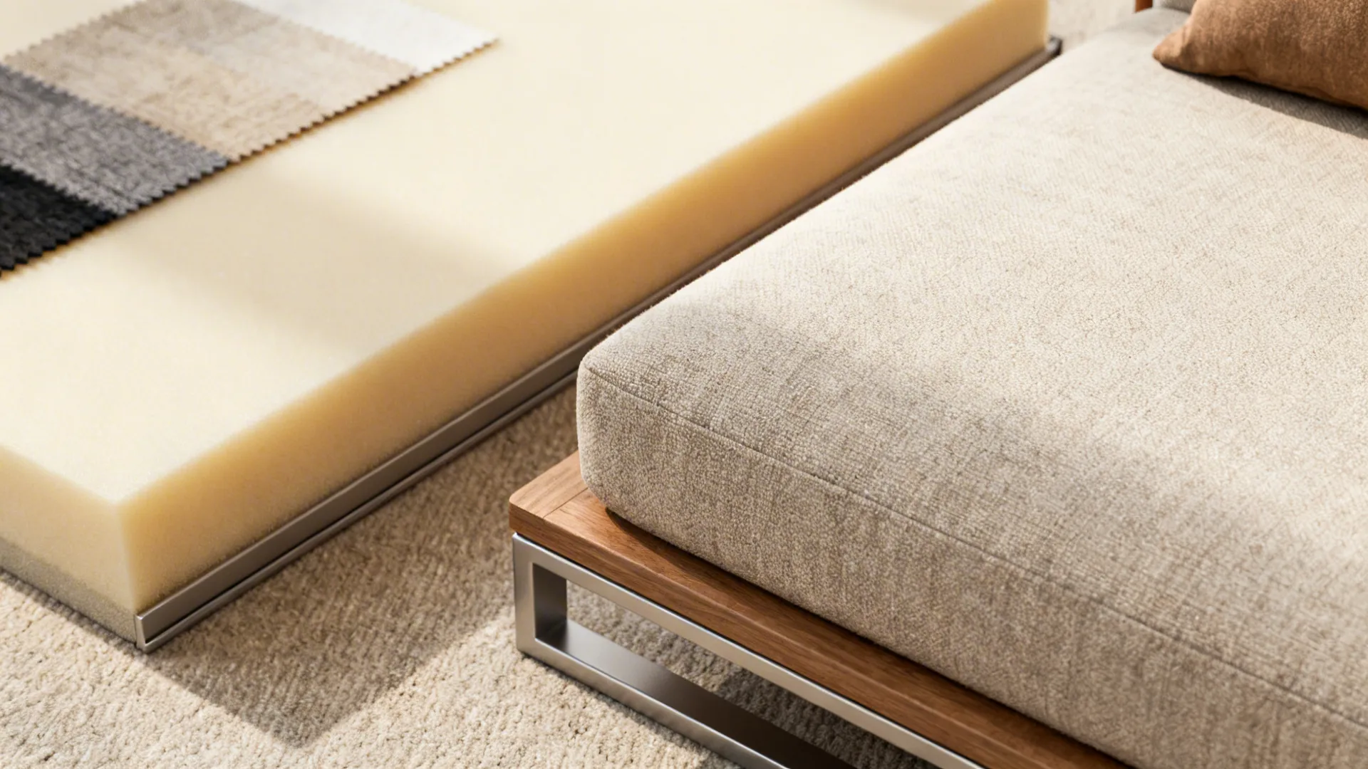 Close up of furniture materials showing a yellow foam block and a beige fabric cushion