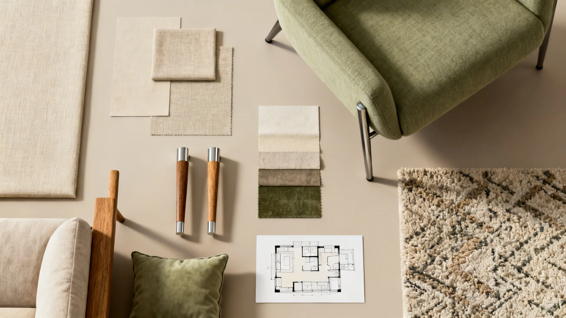 Material and color flatlay showing fabric swatches, rug samples and leg finishes for cohesive small-room design.