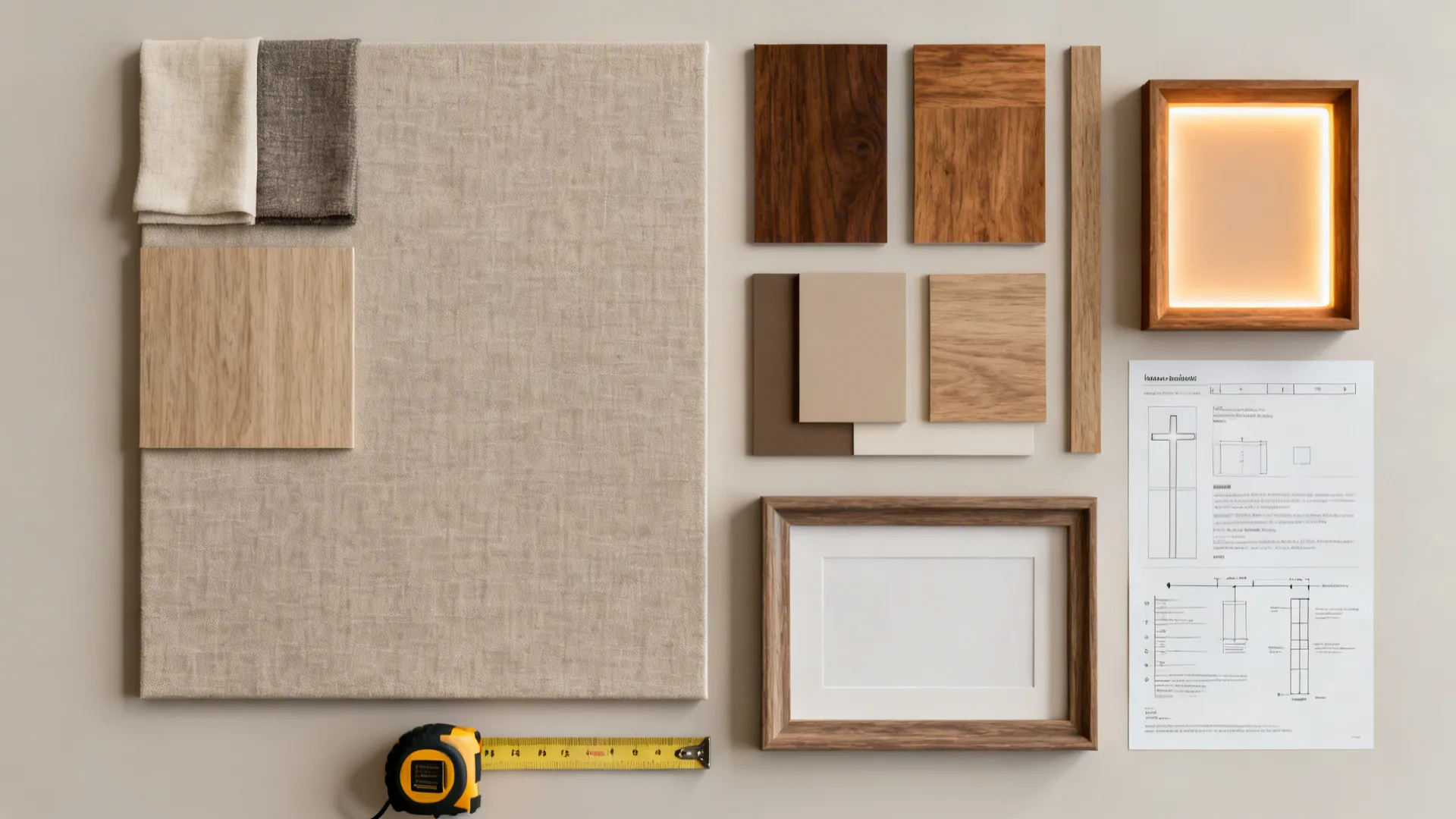 Flatlay of fabric, wood, and frame samples with a tape measure for choosing wall art scale and finishes.