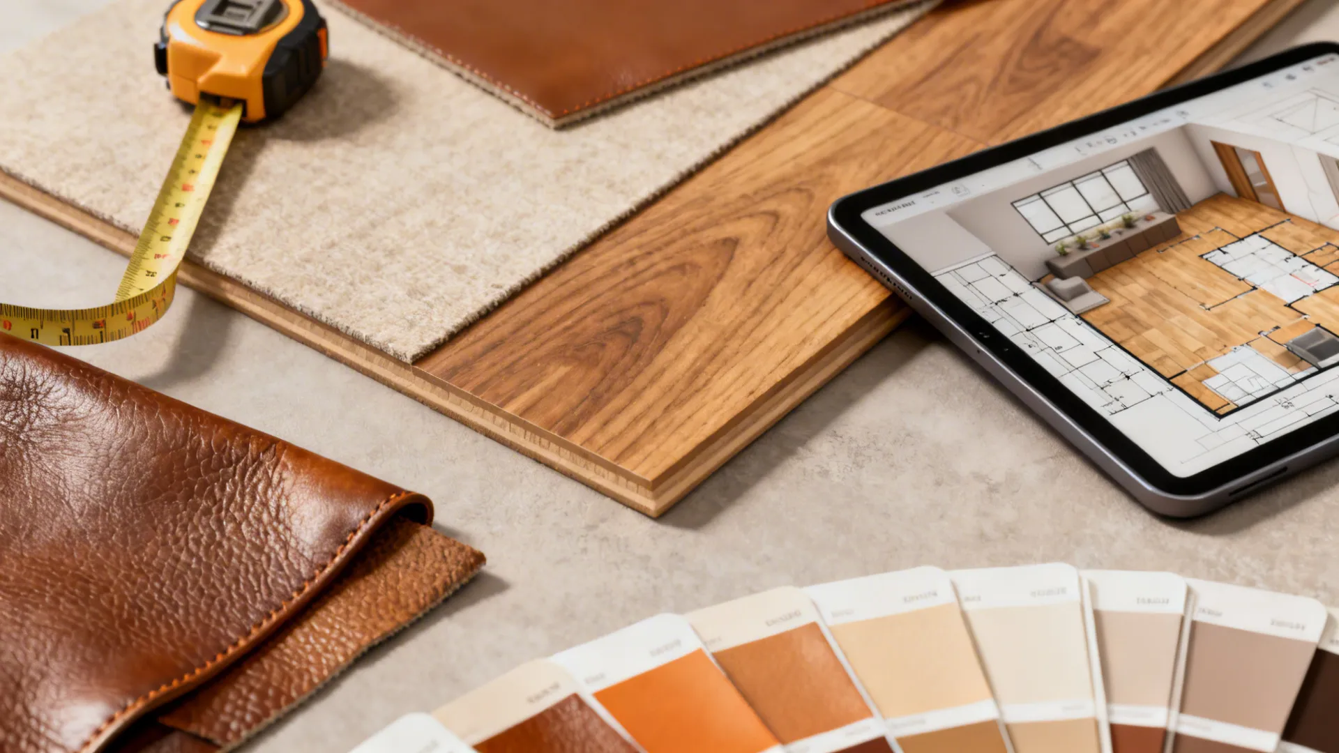 Flatlay of leather swatches, wood sample, measuring tape and a tablet with a 3D floor planner