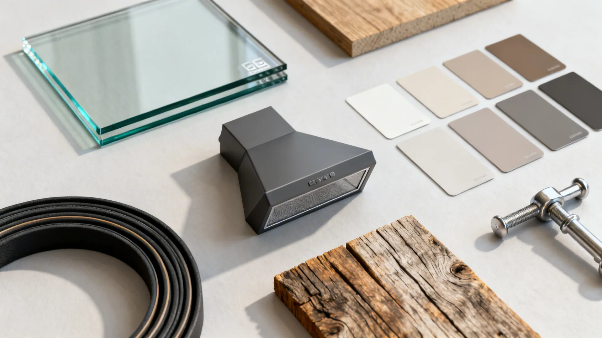 Flatlay of Low-E glass sample, weatherstripping, wood and hardware swatches for window projects.