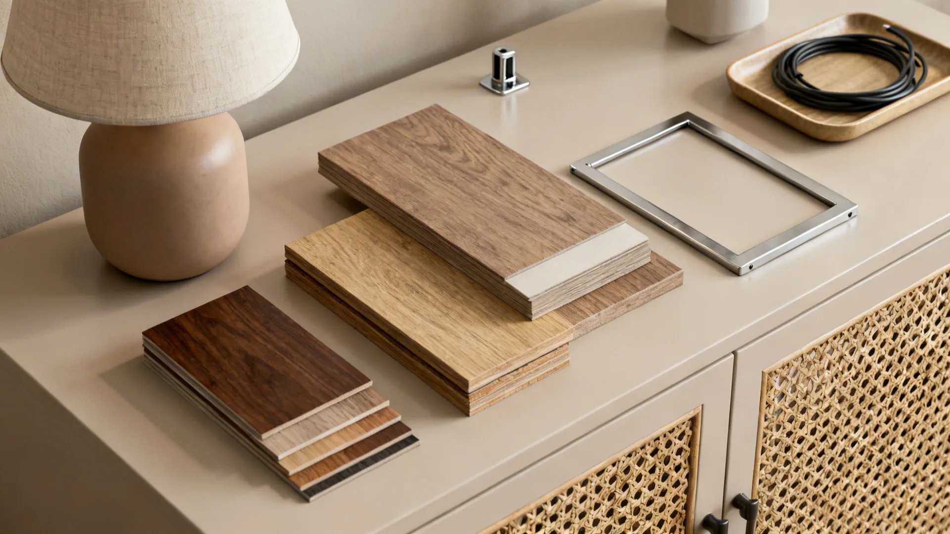 Flatlay of material swatches and accessories for console styling and cable management