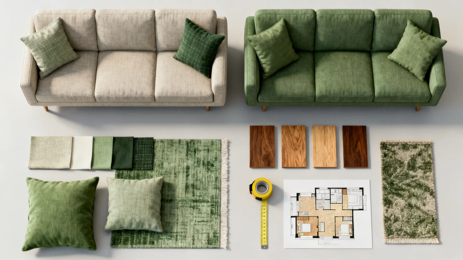 Top-down flatlay of fabric swatches, wood samples and a small floorplan for sofa planning.