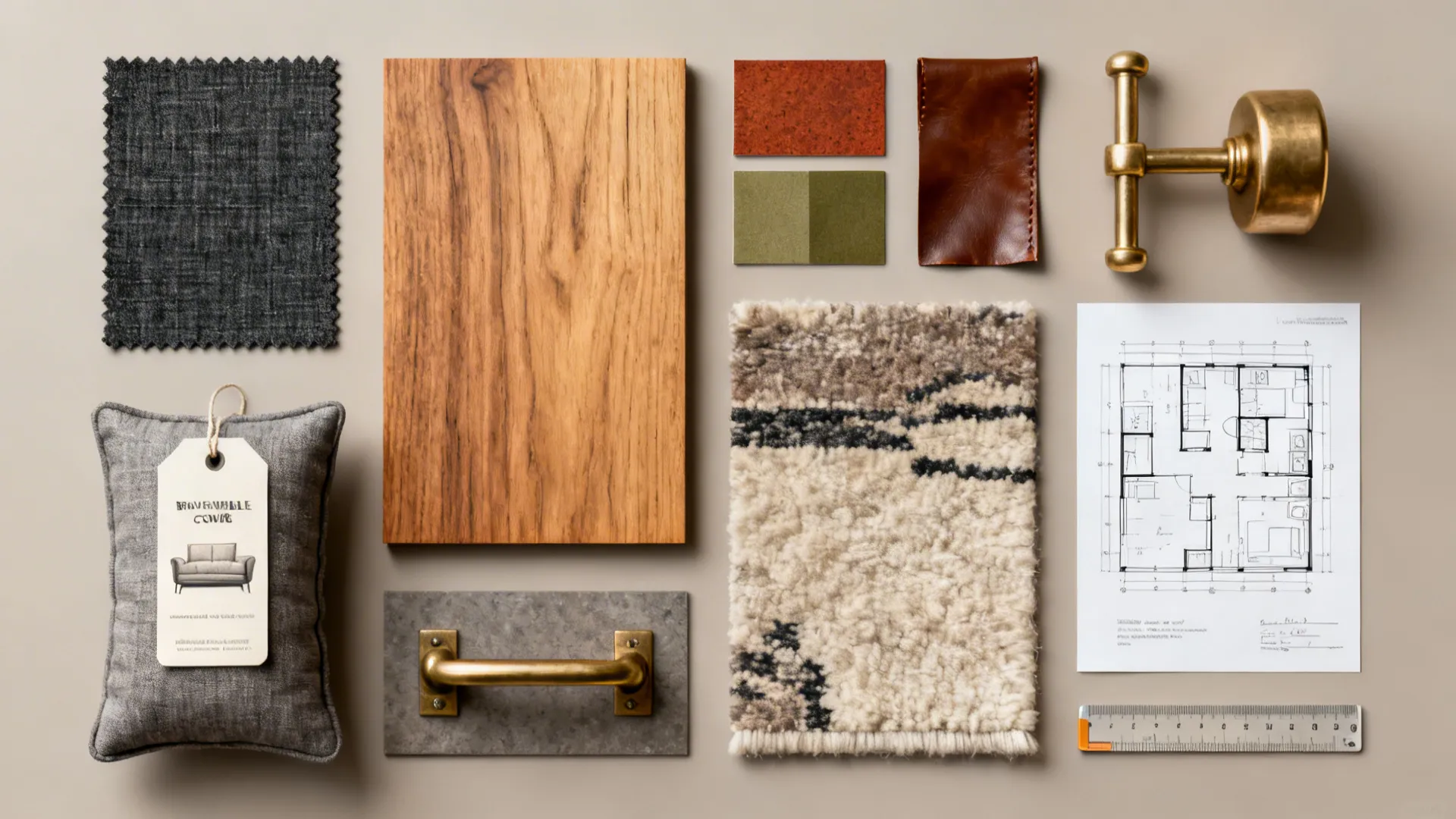 Flatlay of materials and color swatches for a masculine living room palette.