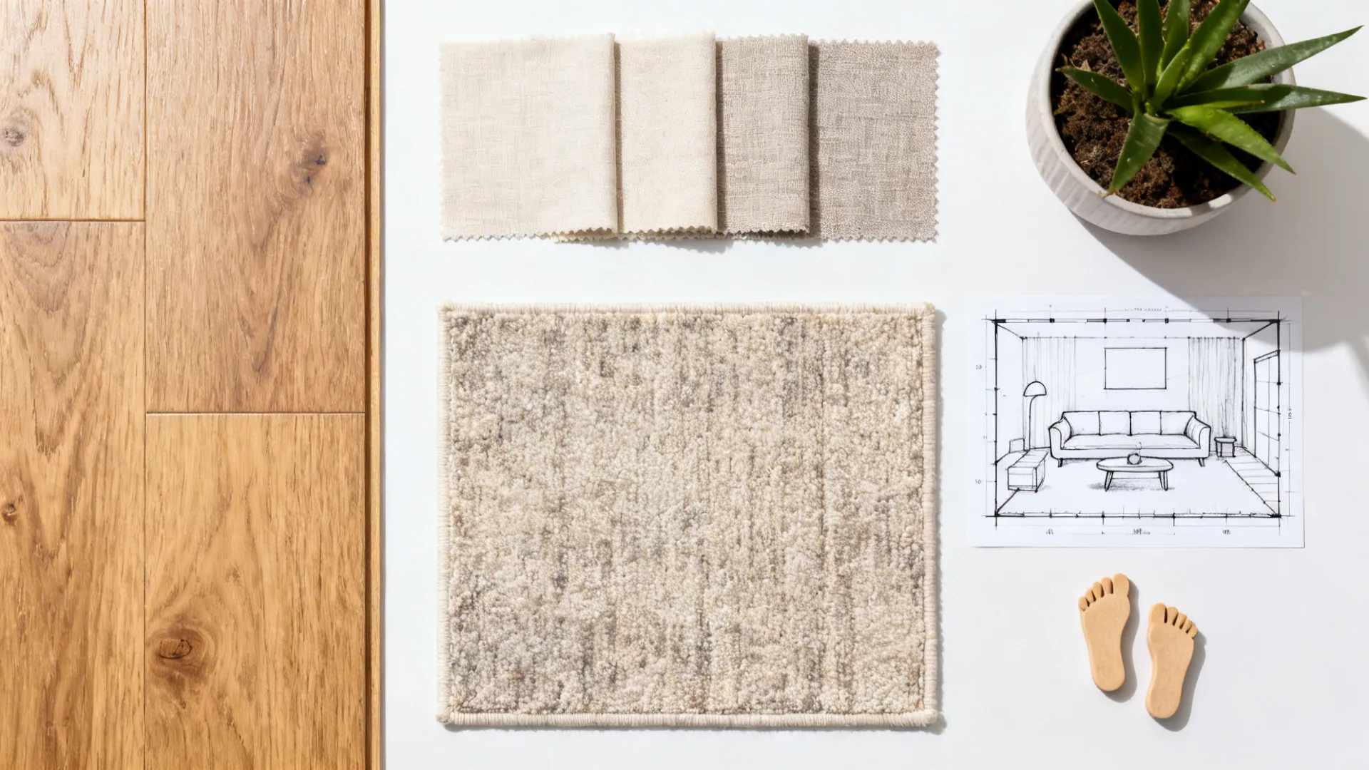 Flatlay of flooring, fabric swatches, rug sample and layout sketch for a small living room