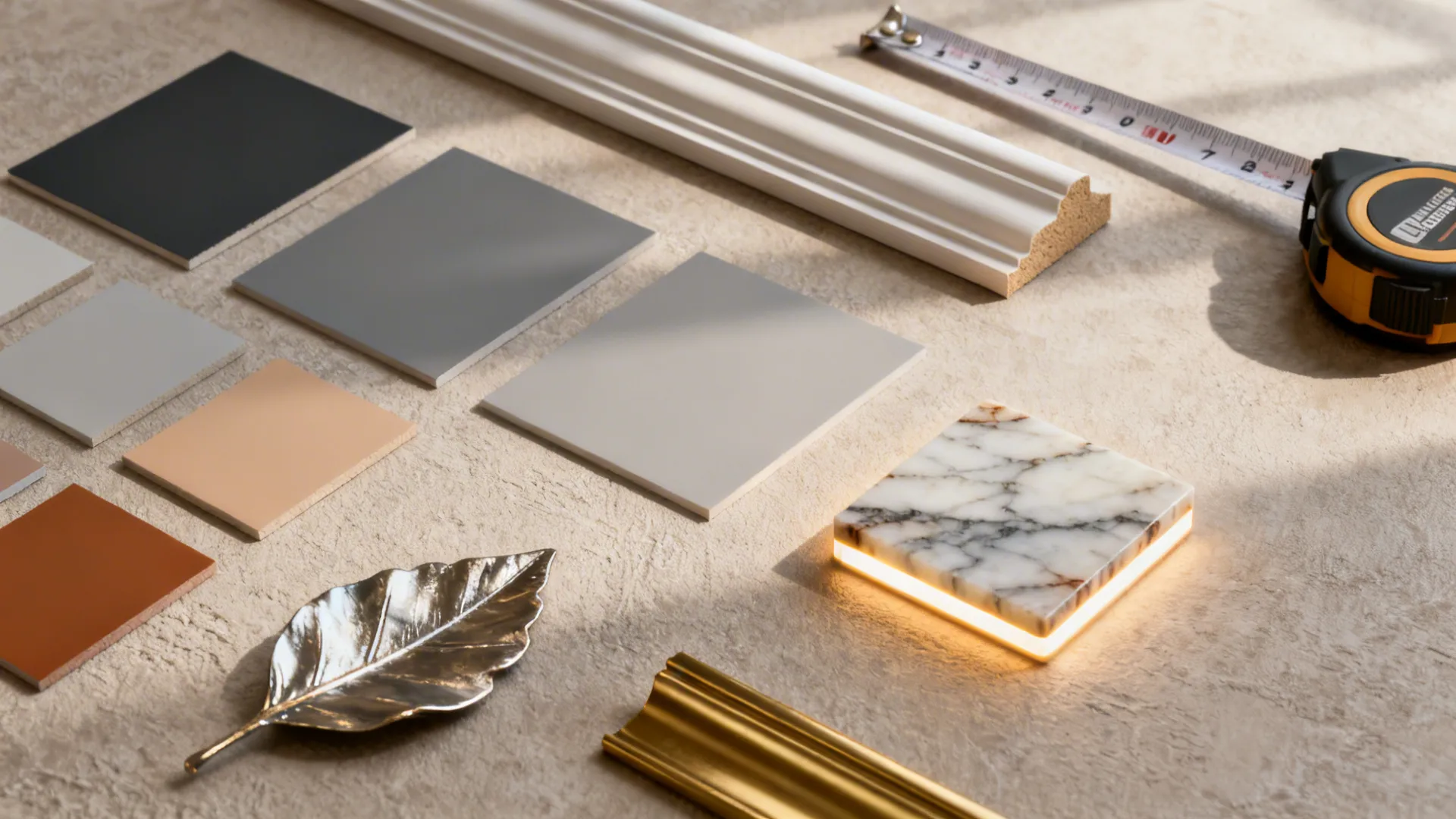 Flatlay of material samples: paint chips, molding profiles, onyx veneer, metallic leaf, and brass trim.