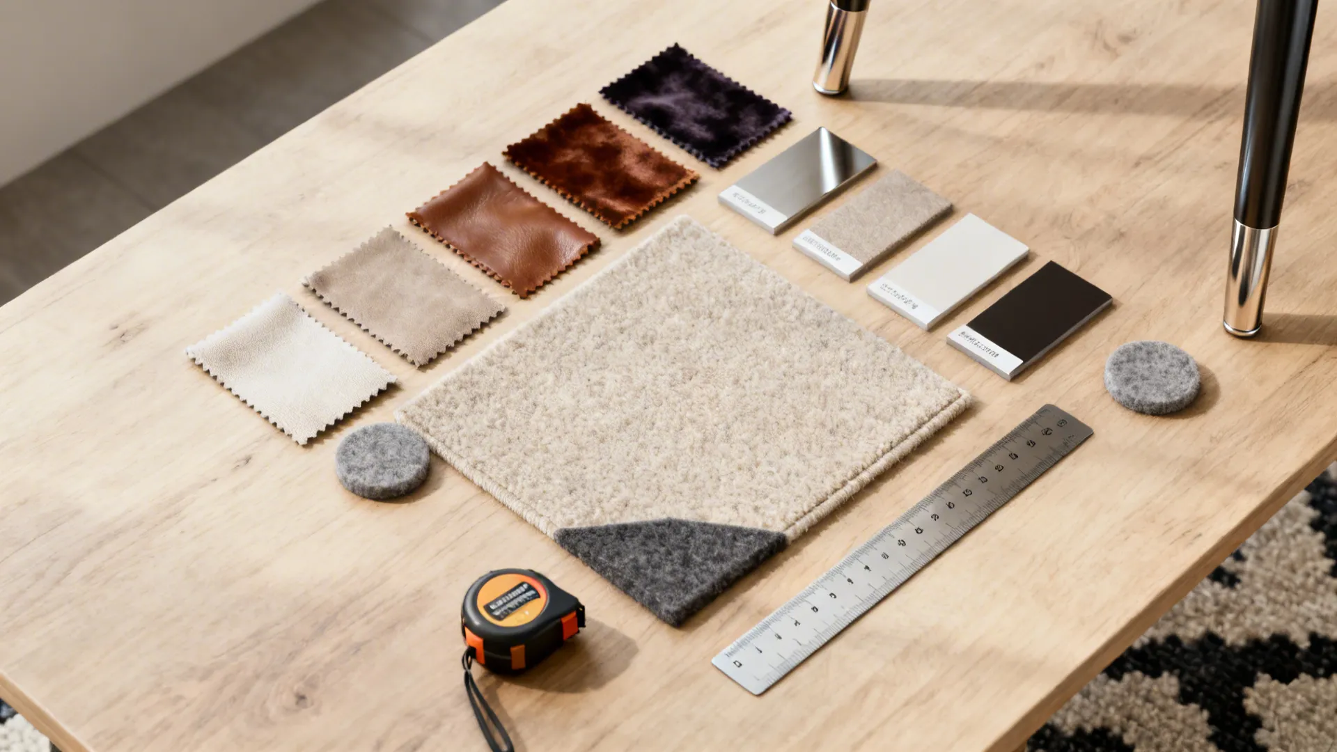 Various fabric samples, material tiles, metal ruler, and measuring tape on a light wood desk