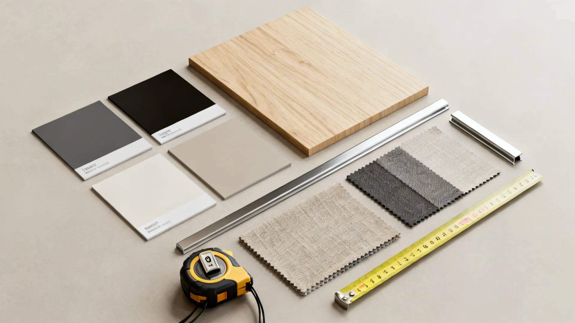 Interior design materials with wood board fabric samples color cards and a yellow tape measure