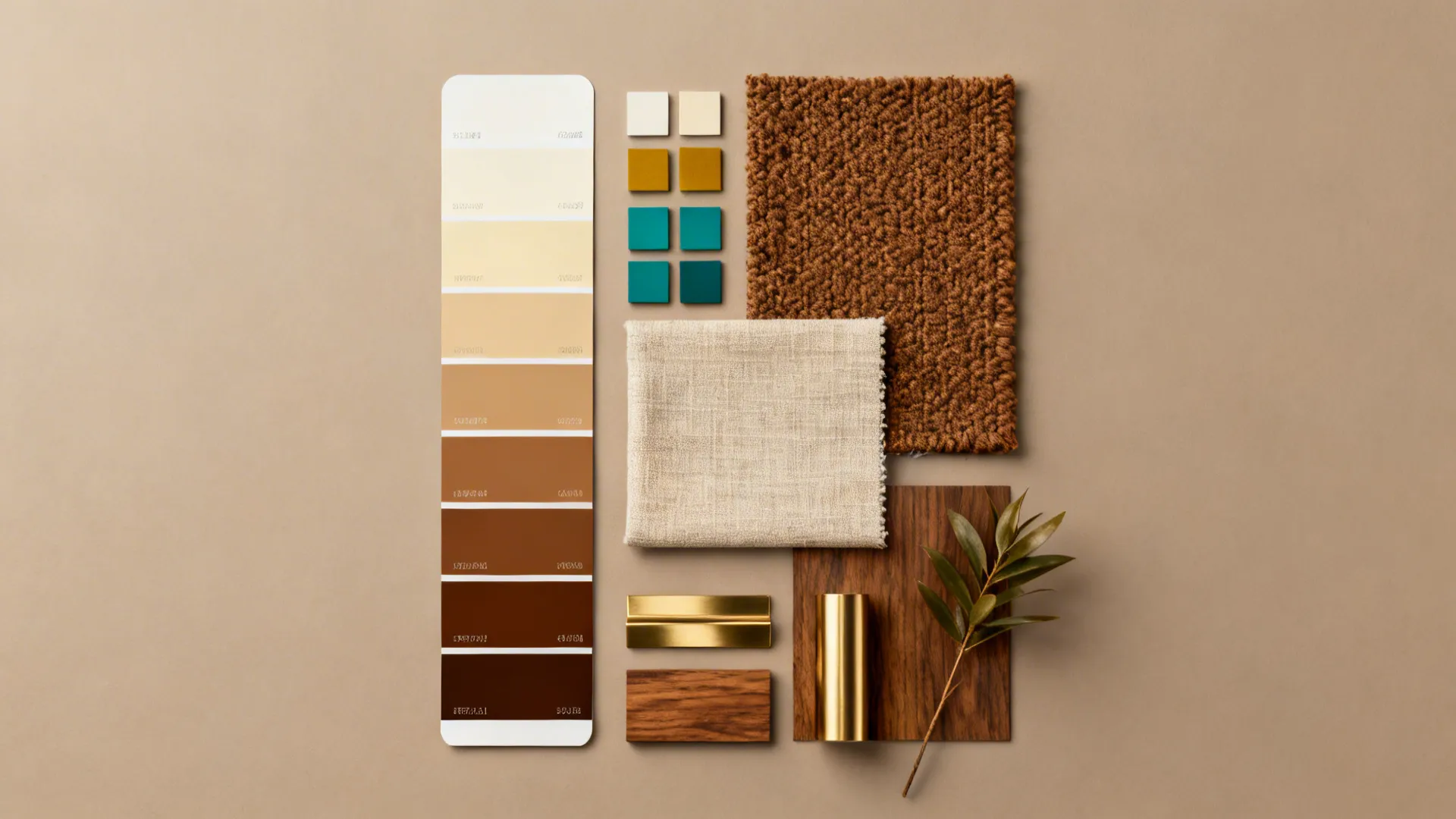 Flatlay of paint swatches, textile samples and color chips for brown living room planning