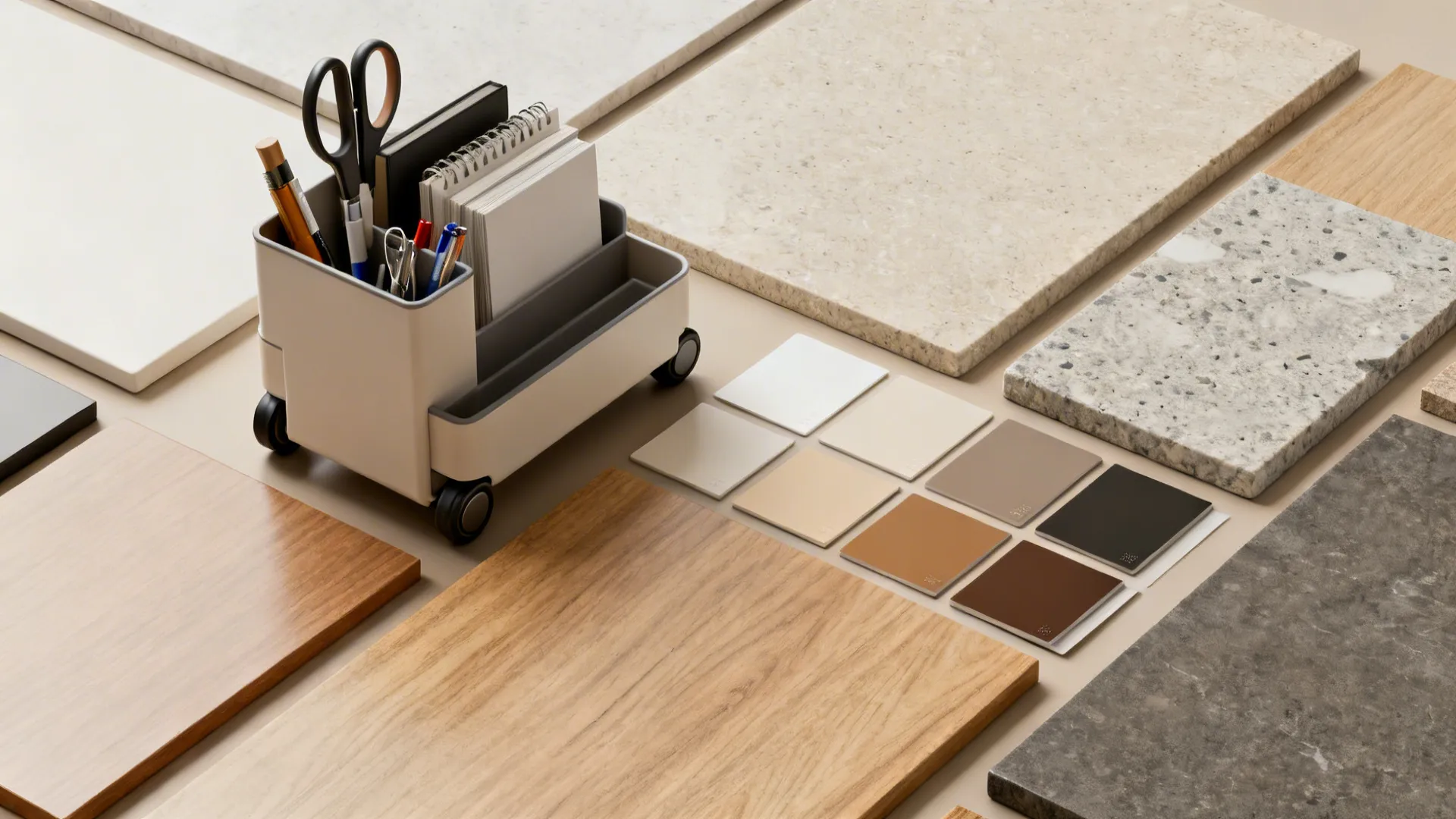 Flatlay of wipeable tabletop materials, a rolling caddy, and a unified color palette.
