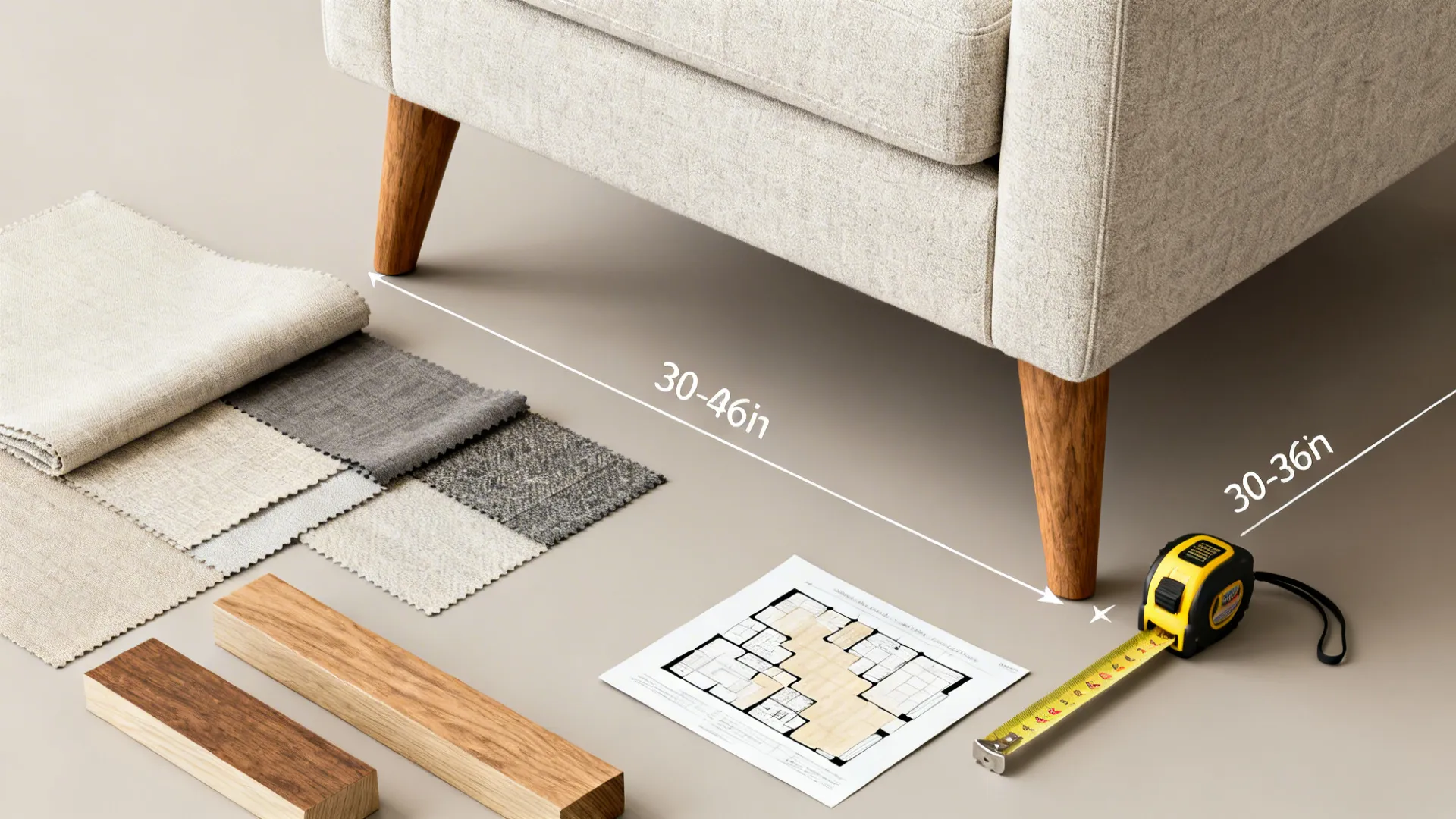 Flatlay of upholstery swatches, wood leg samples and a tape measure showing recommended circulation spacing.