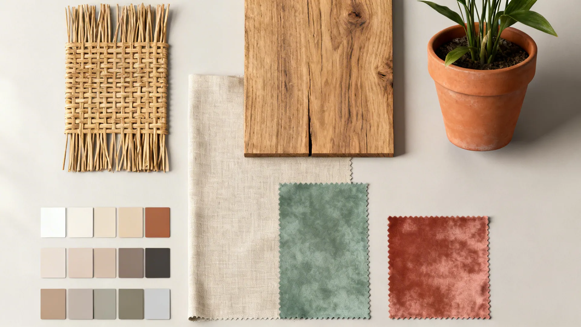 Flatlay of rattan, oak, terracotta, sage linen and terracotta velvet swatches to show material palette.