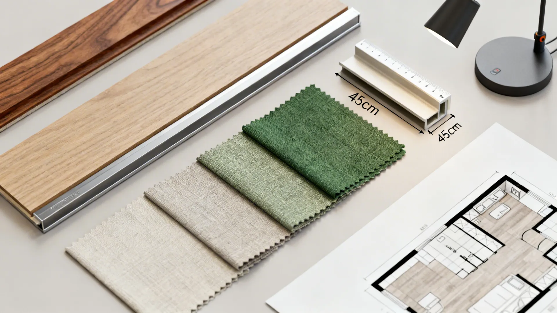 Flatlay of material swatches and compact furniture samples for planning a small living-room office.