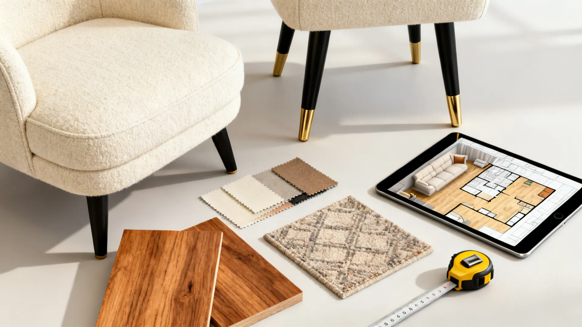 Flatlay of cream upholstery swatches, wood samples and a 3D floor plan on a tablet