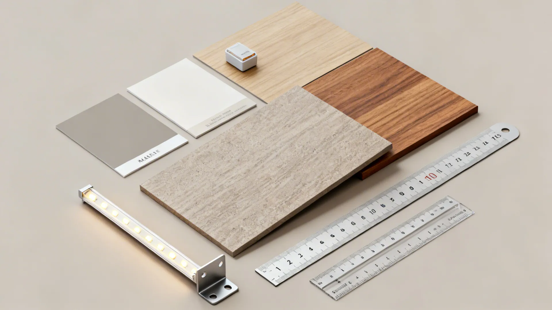 Flatlay of paint swatches, wood veneer samples, LED strip and metal bracket for built-in shelving decisions.