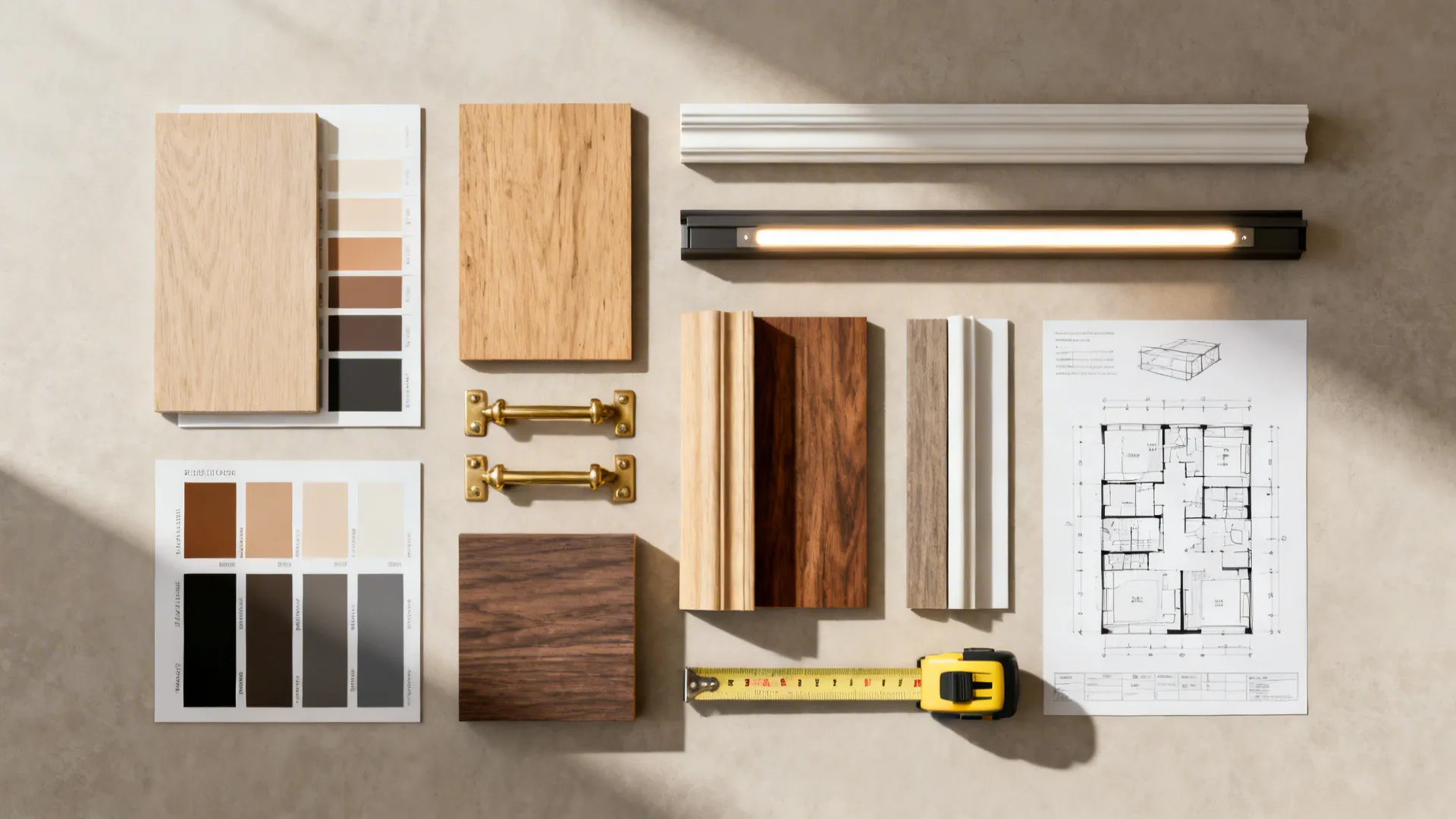 Top-down flatlay of materials for built-in shelves including paint swatches, wood samples, hardware and LED strips.