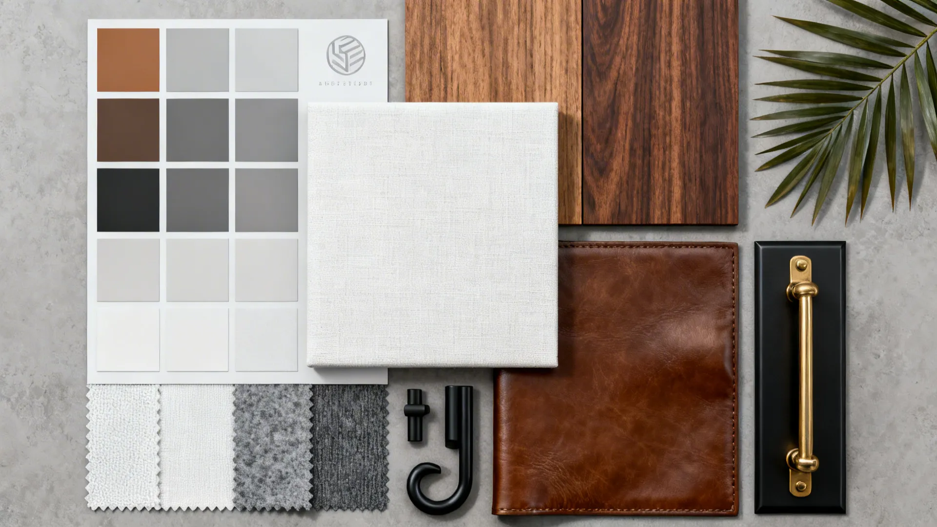 Flatlay of paint swatches, wood samples and textiles for a brown white grey living room palette