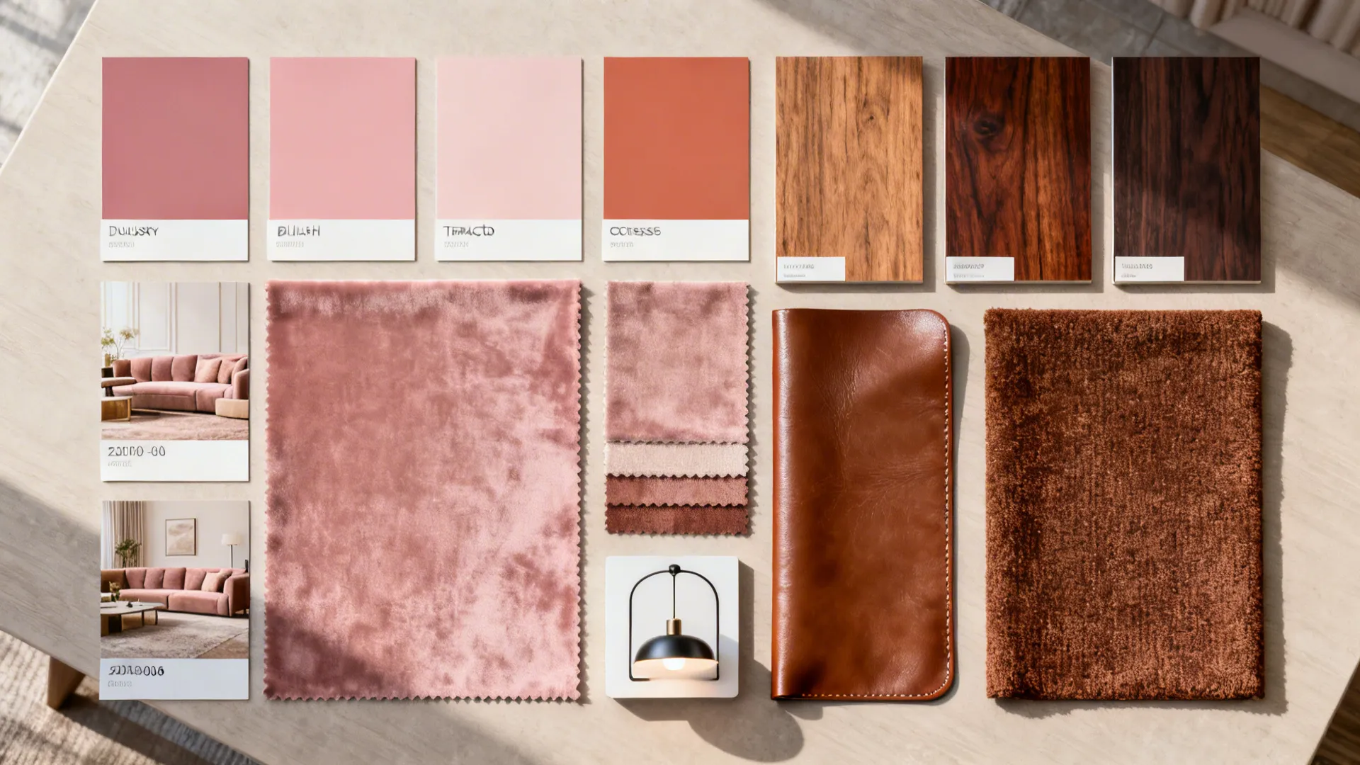Flatlay of paint chips, wood and fabric swatches showing pink and brown material pairings