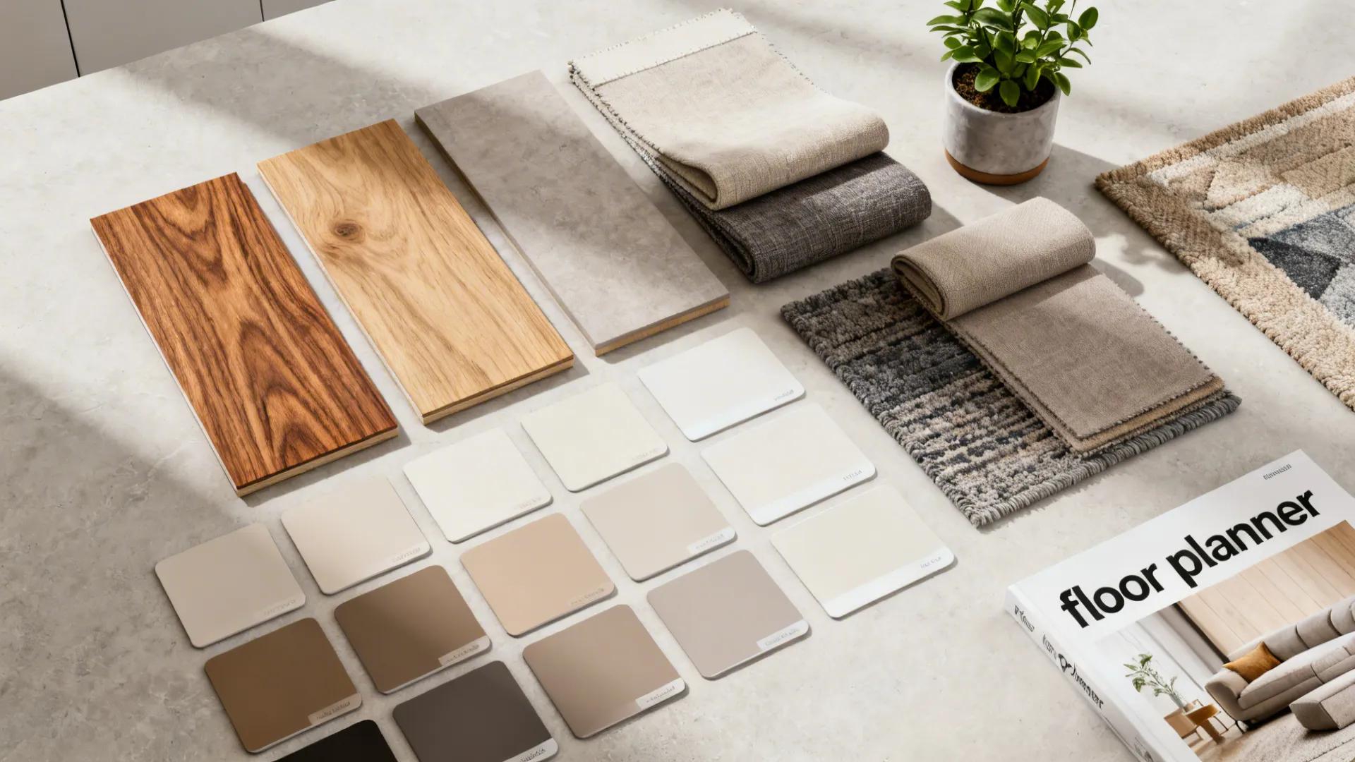 Flatlay of material swatches and fabric samples for open-plan kitchen and living schemes.