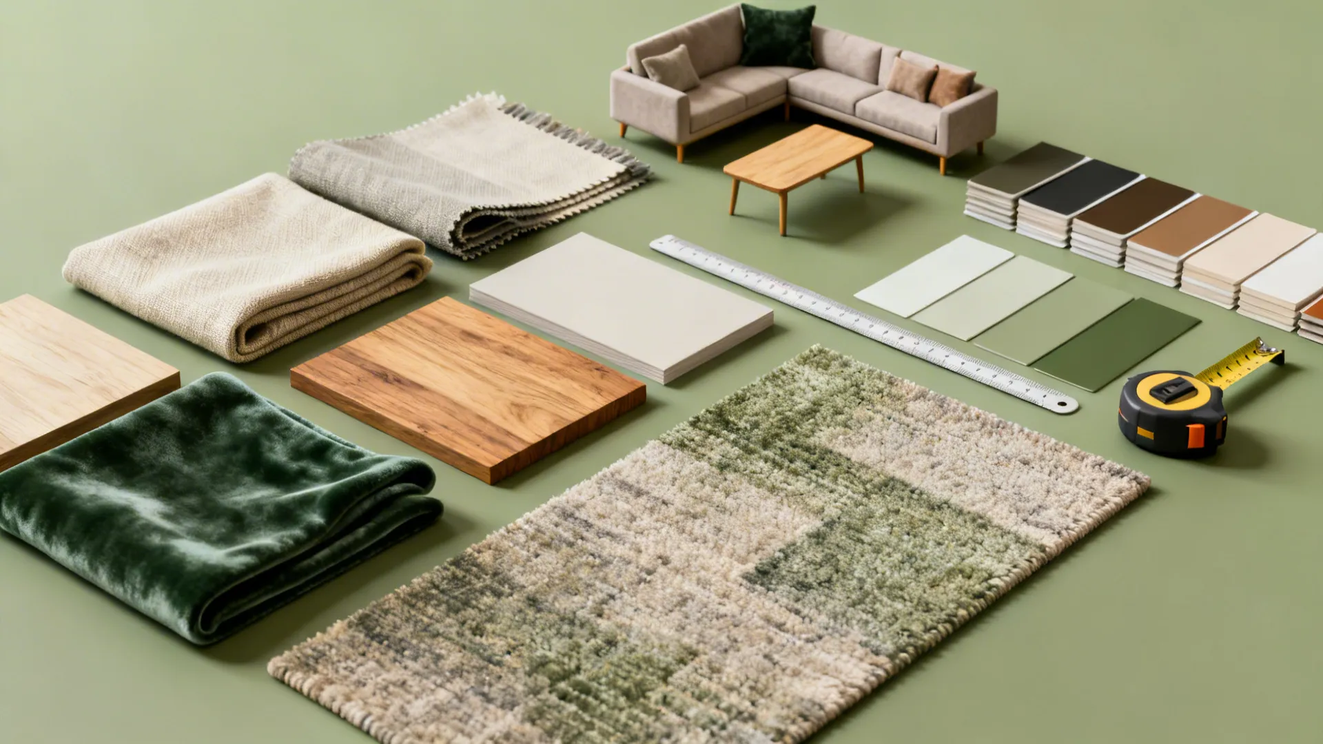 Material flatlay with fabric swatches, wood samples and paint chips for living room design.