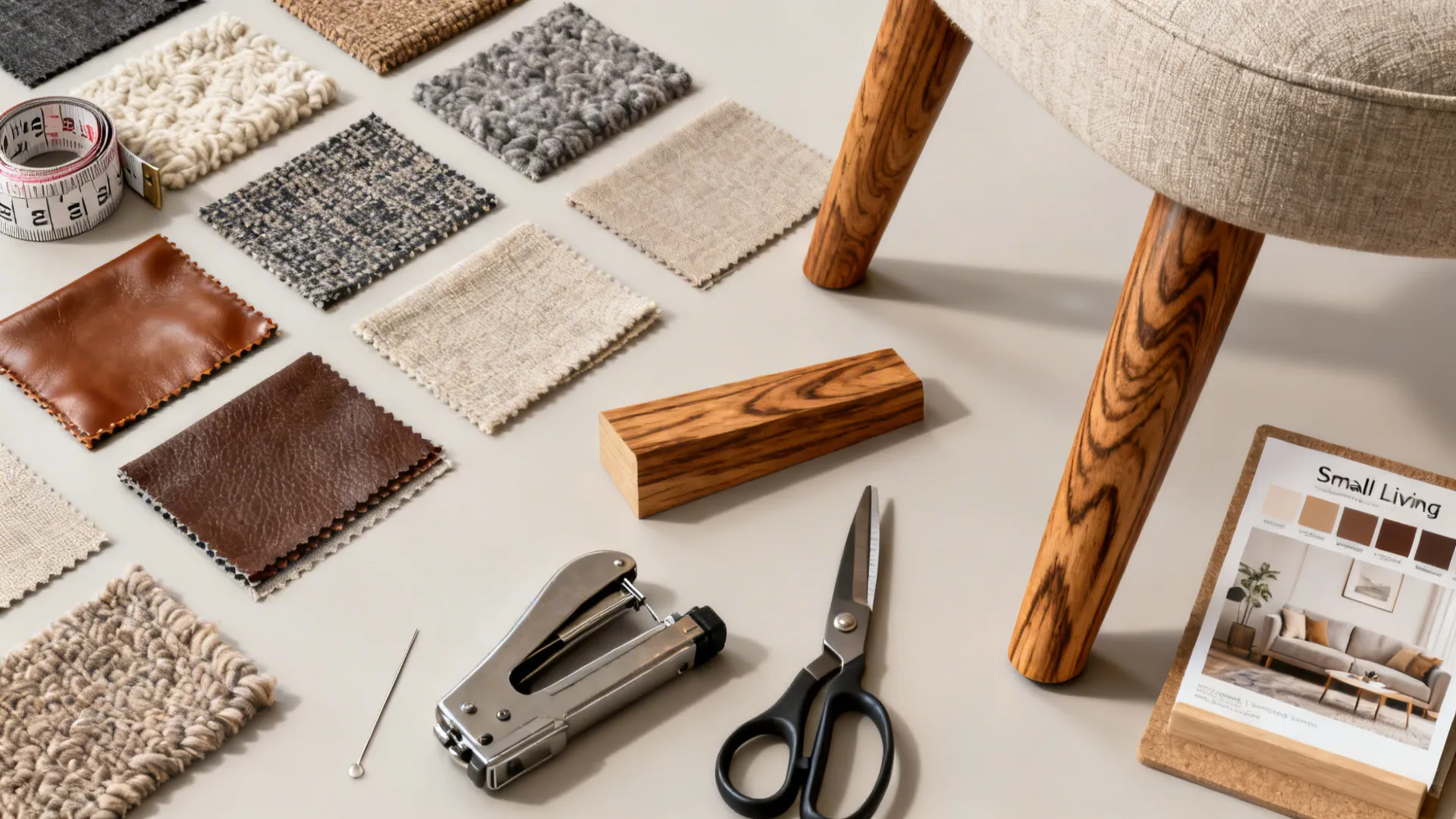 Flatlay of fabric swatches, wood samples and upholstery tools for reupholstering a chair.