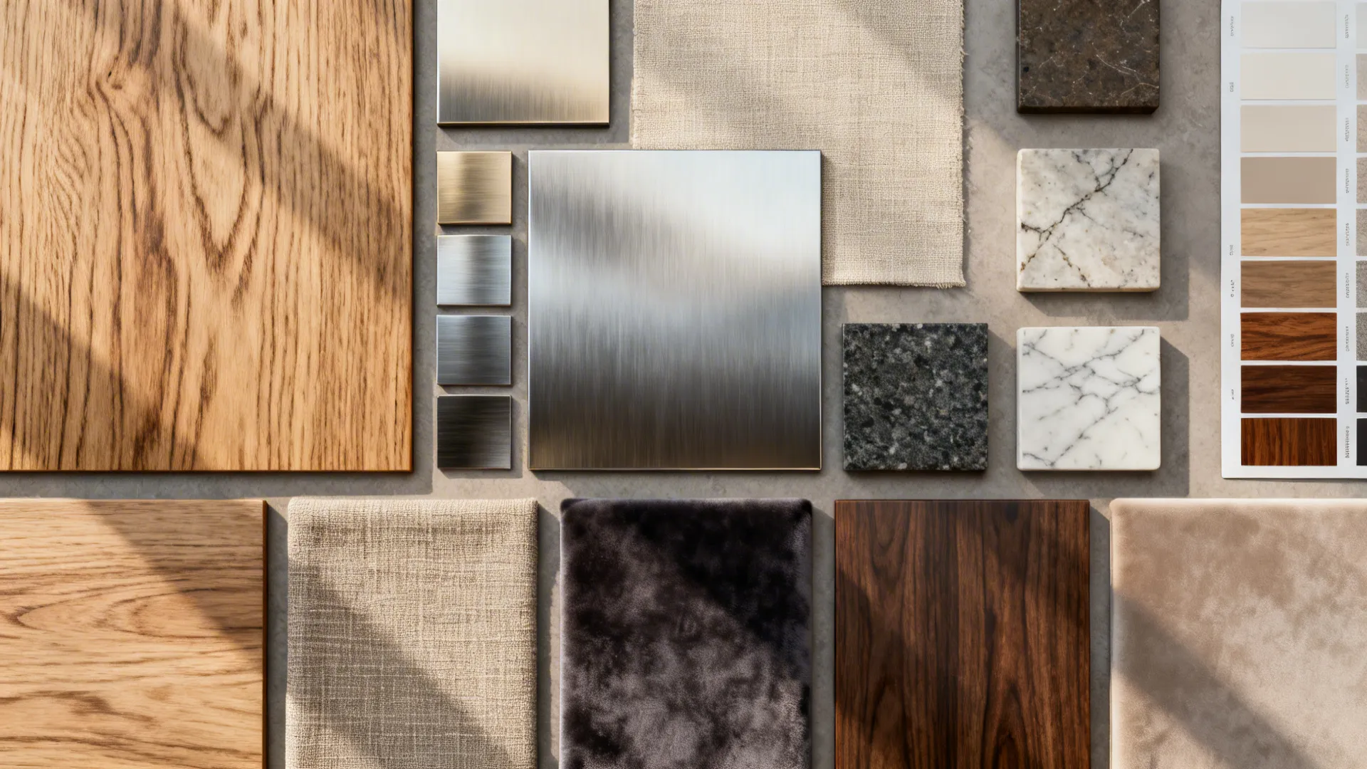 Flatlay of wood, metal, fabric, laminate, and stone samples for end table material selection.
