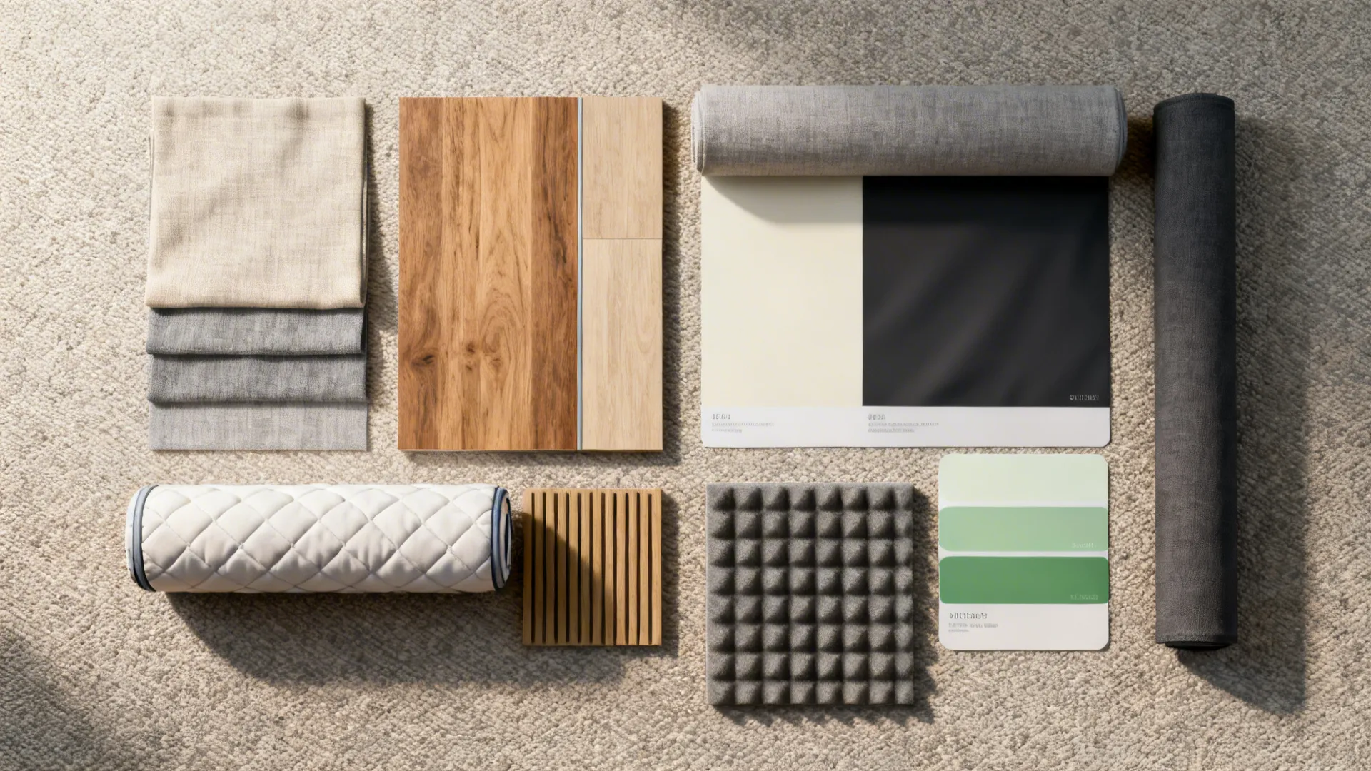 Flat lay of interior design materials including wood samples fabric rolls and green paint swatches