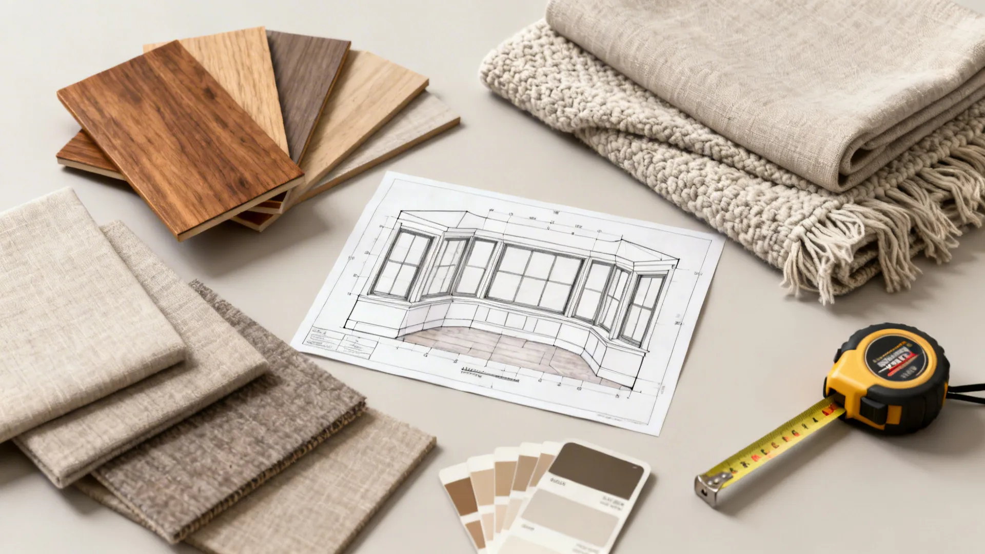 Interior design drawing of a bay window with wood samples, fabric swatches, and tape measure.