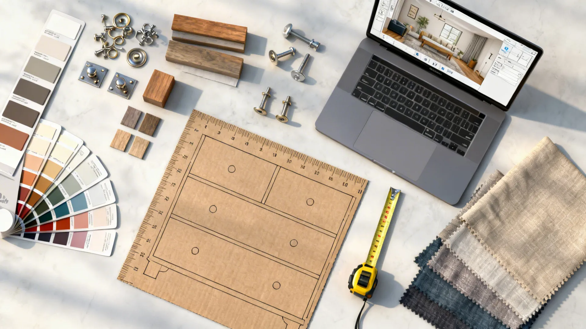 Top-down flatlay of paint swatches, hardware, measuring tape and a cardboard mockup for planning drawers.