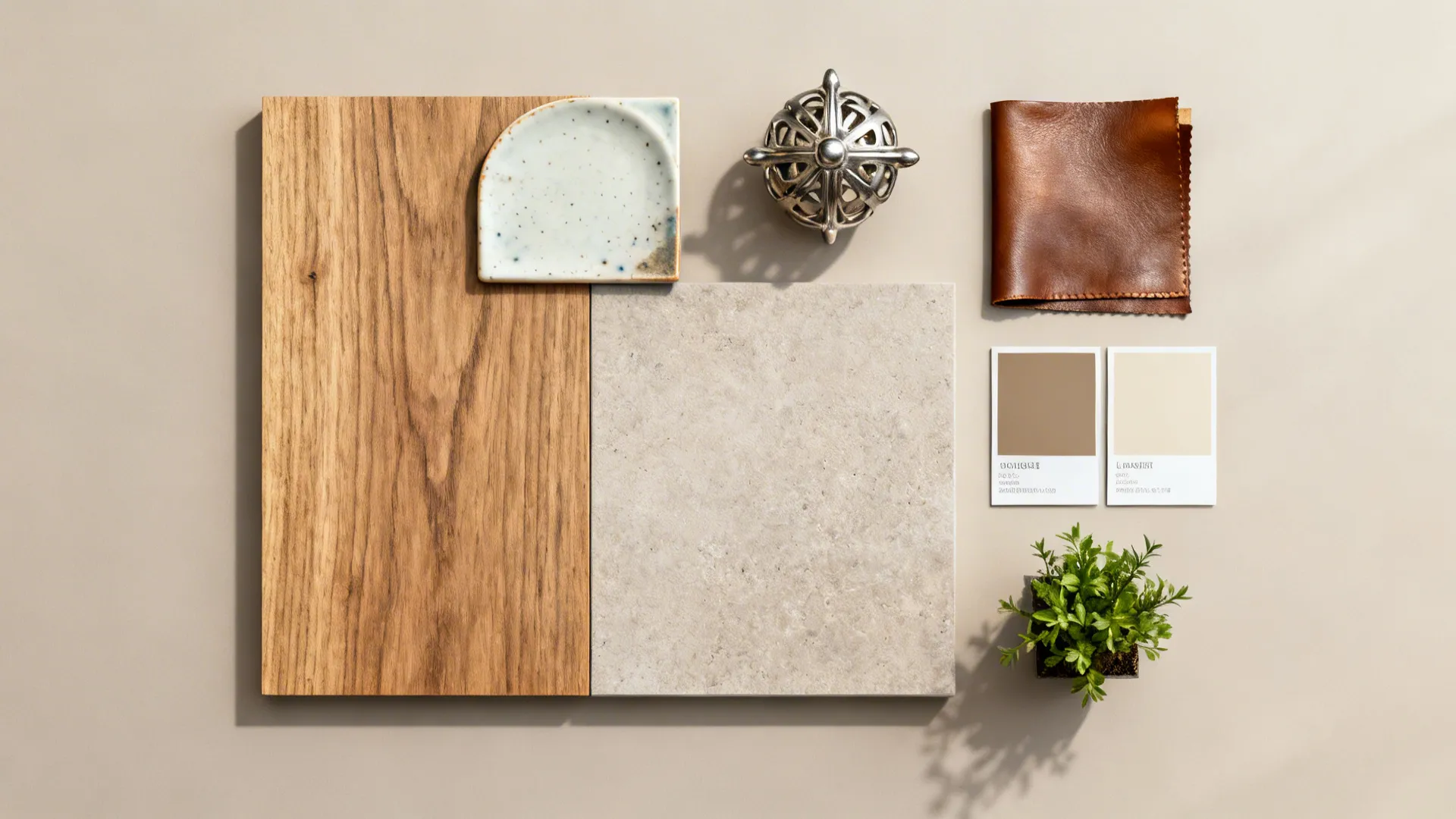 Flatlay of material swatches for coffee table styling: wood, ceramic, metal, leather and plant sample