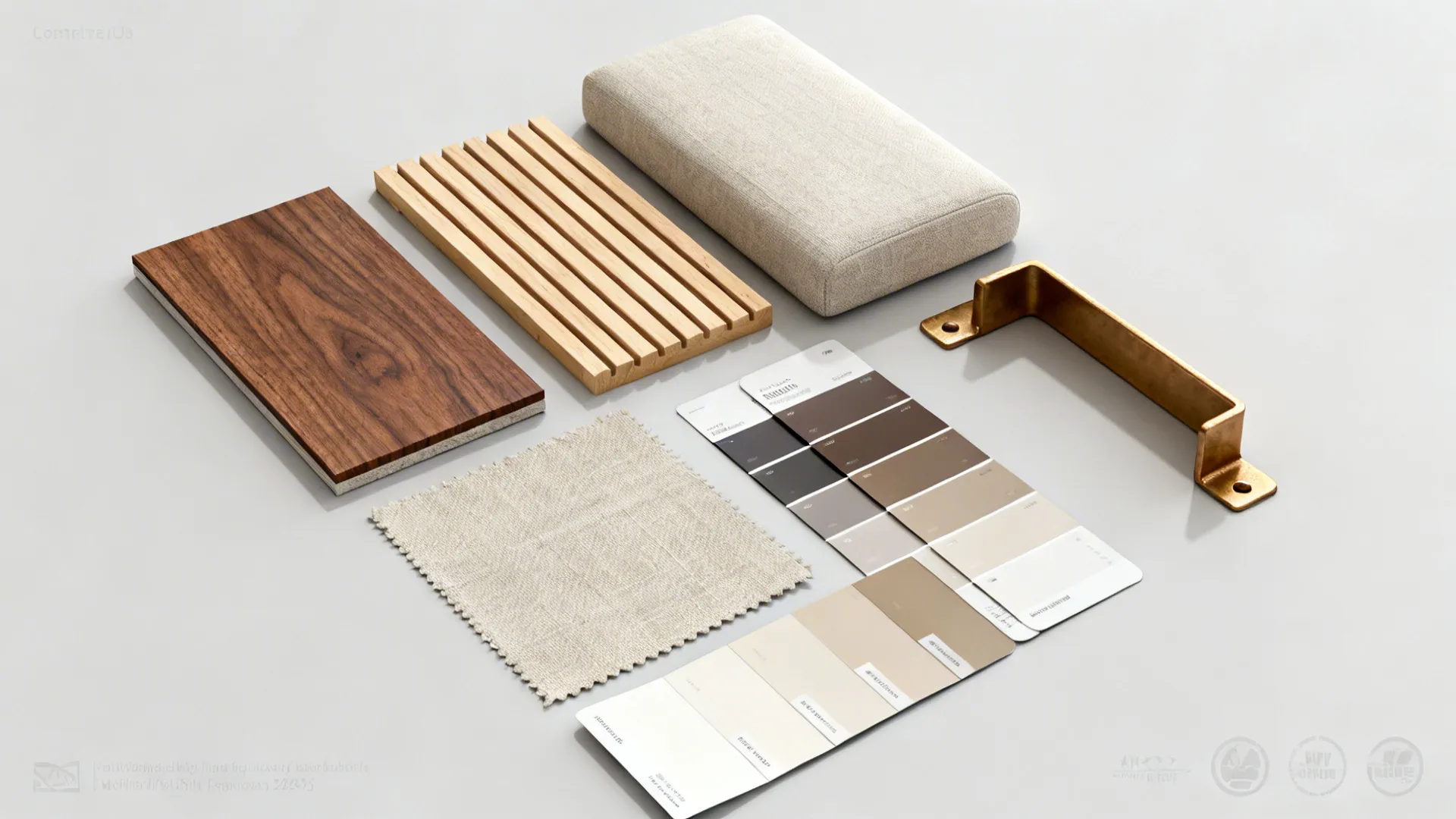 Material flatlay showing walnut, oak, plywood slat, linen cushion swatch and brass bracket for small kitchen tables.
