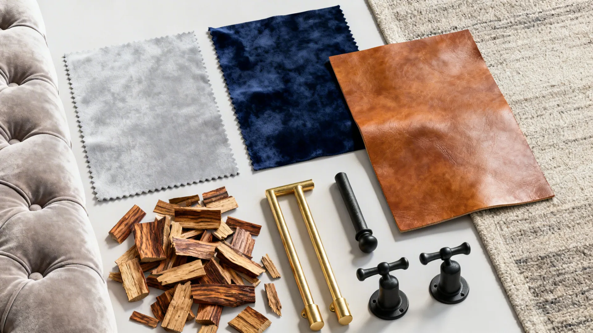 Flatlay of fabric, leather, wood and hardware samples for styling a Chesterfield.