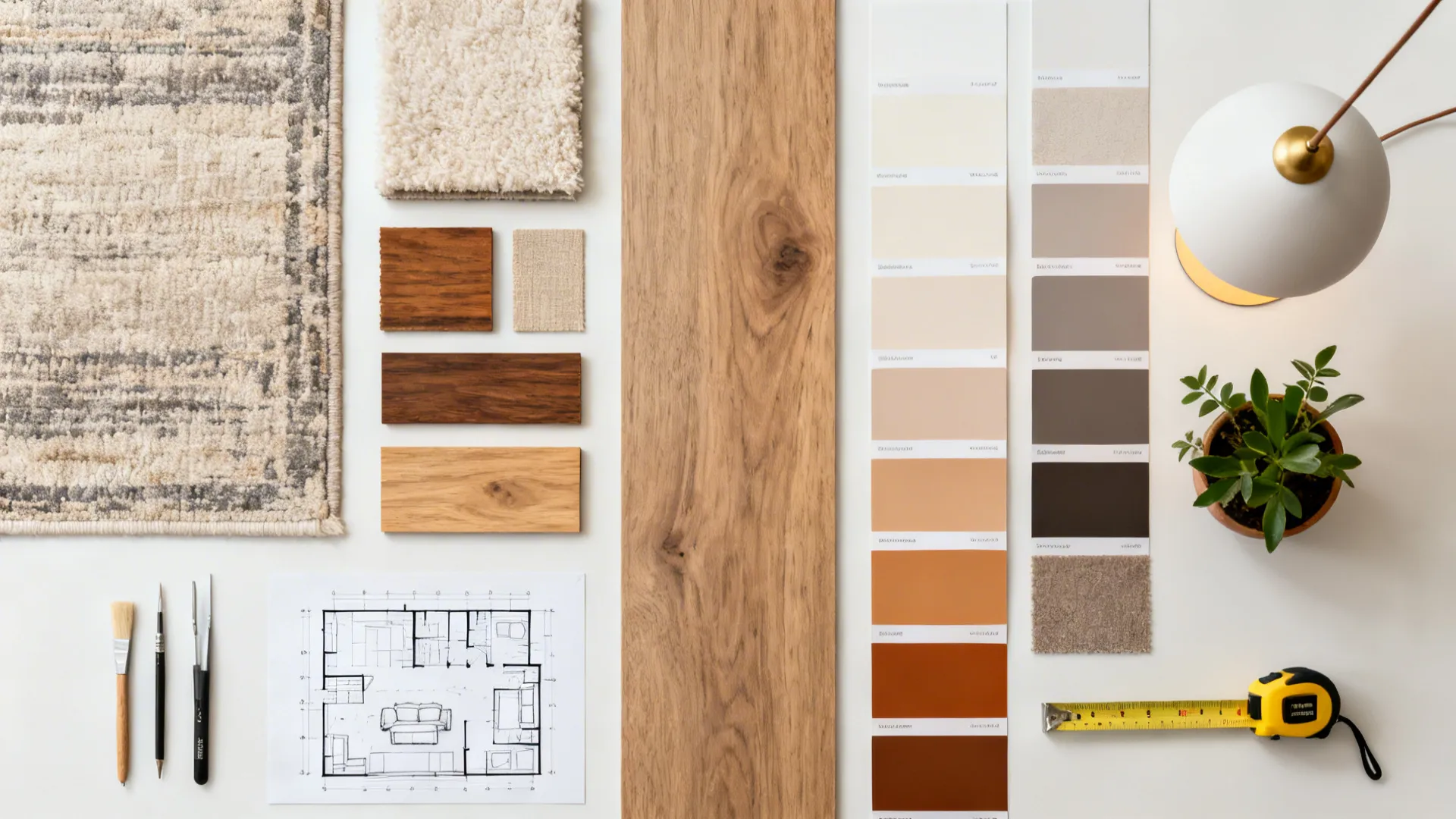 Flatlay of material and color samples with measuring tools and floorplan sketches for planning a long narrow living room.