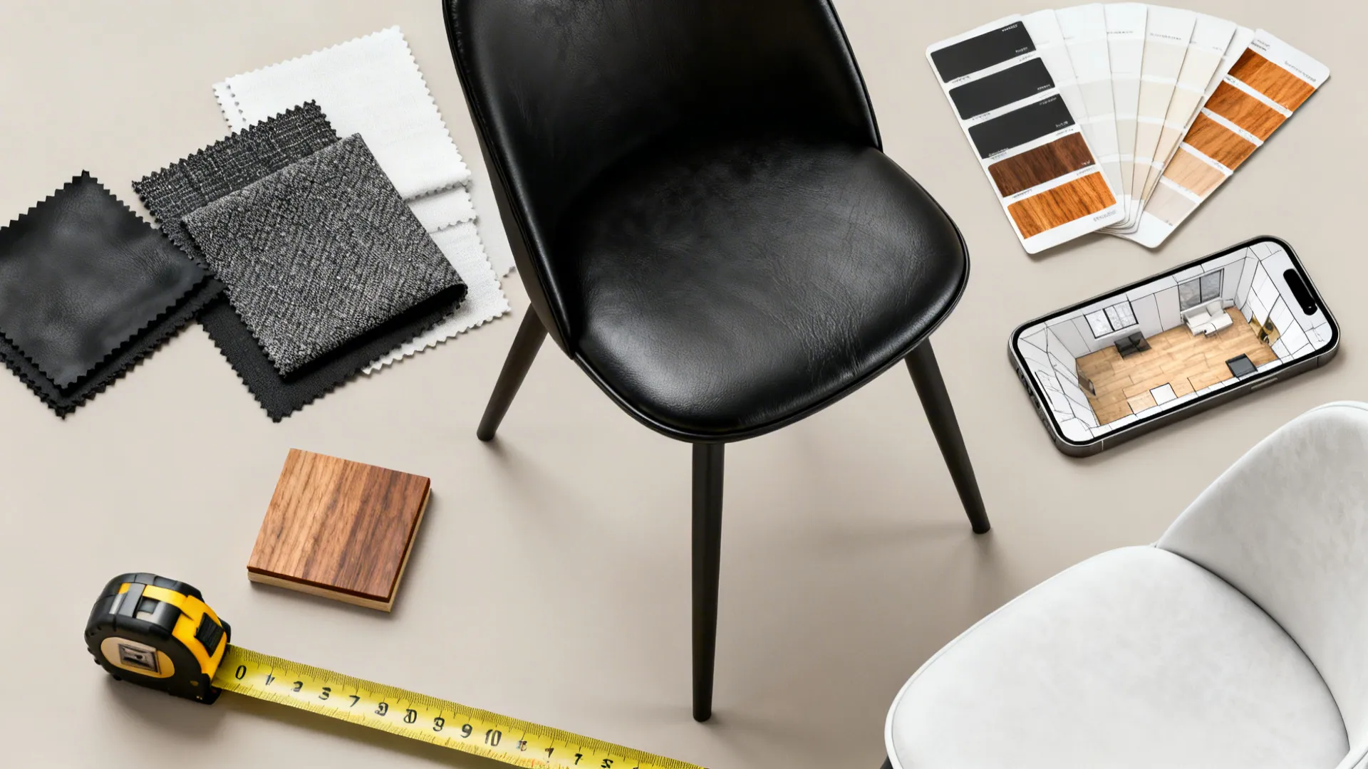 Flatlay of fabric swatches, wood samples and a phone with a room planner for chair selection