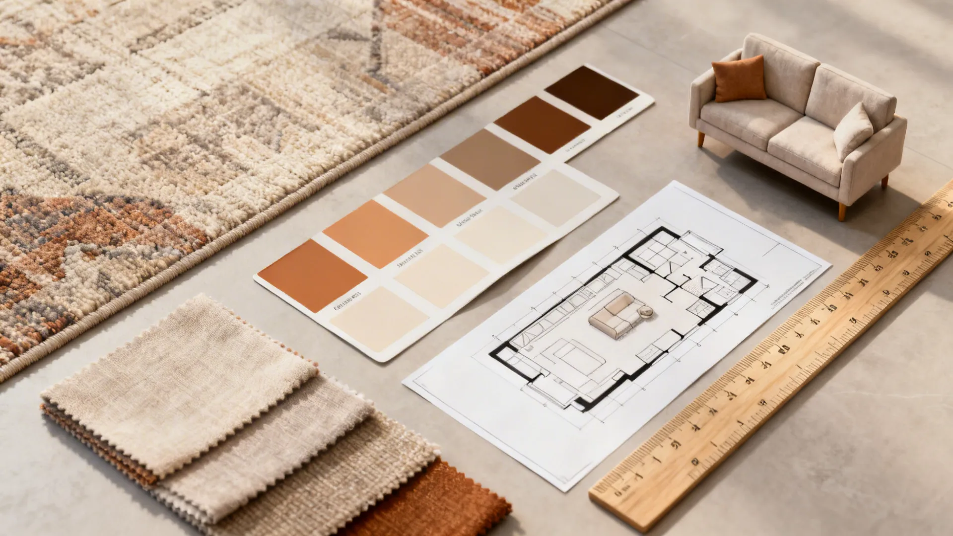 Flatlay of rug swatches, paint chips and a small floorplan for planning narrow living rooms.