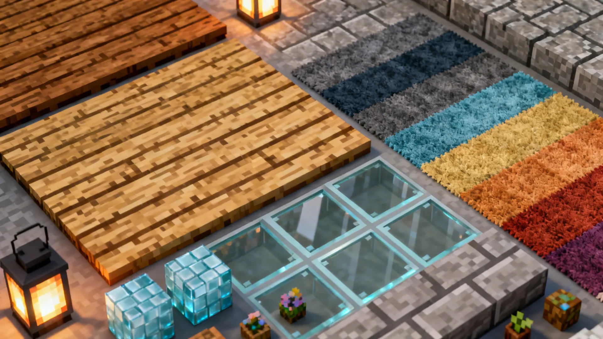 Flatlay of common Minecraft materials like oak planks, stone bricks, carpets, and lighting blocks.