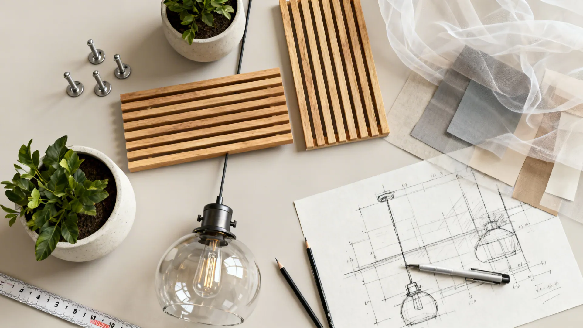 Flatlay of hanging-ceiling materials and samples including anchors, wood swatches, and fabric.