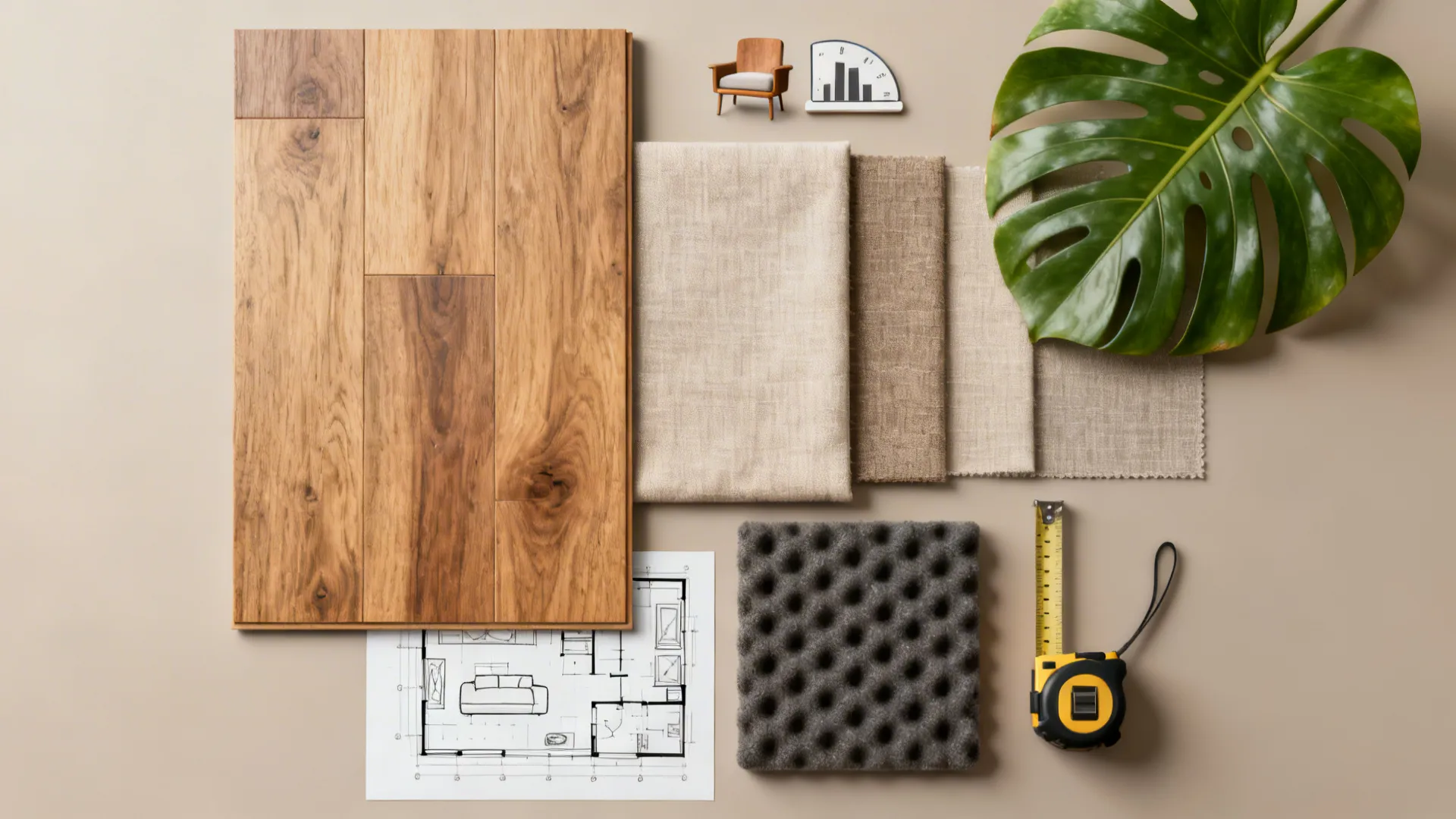 Flatlay of material swatches, acoustic sample, measuring tape and floor plan sketch for living room planning.