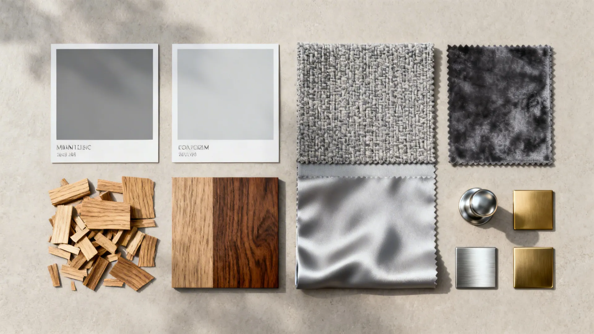 Flatlay of paint, wood, fabric and metal samples for a grey-silver living room palette.