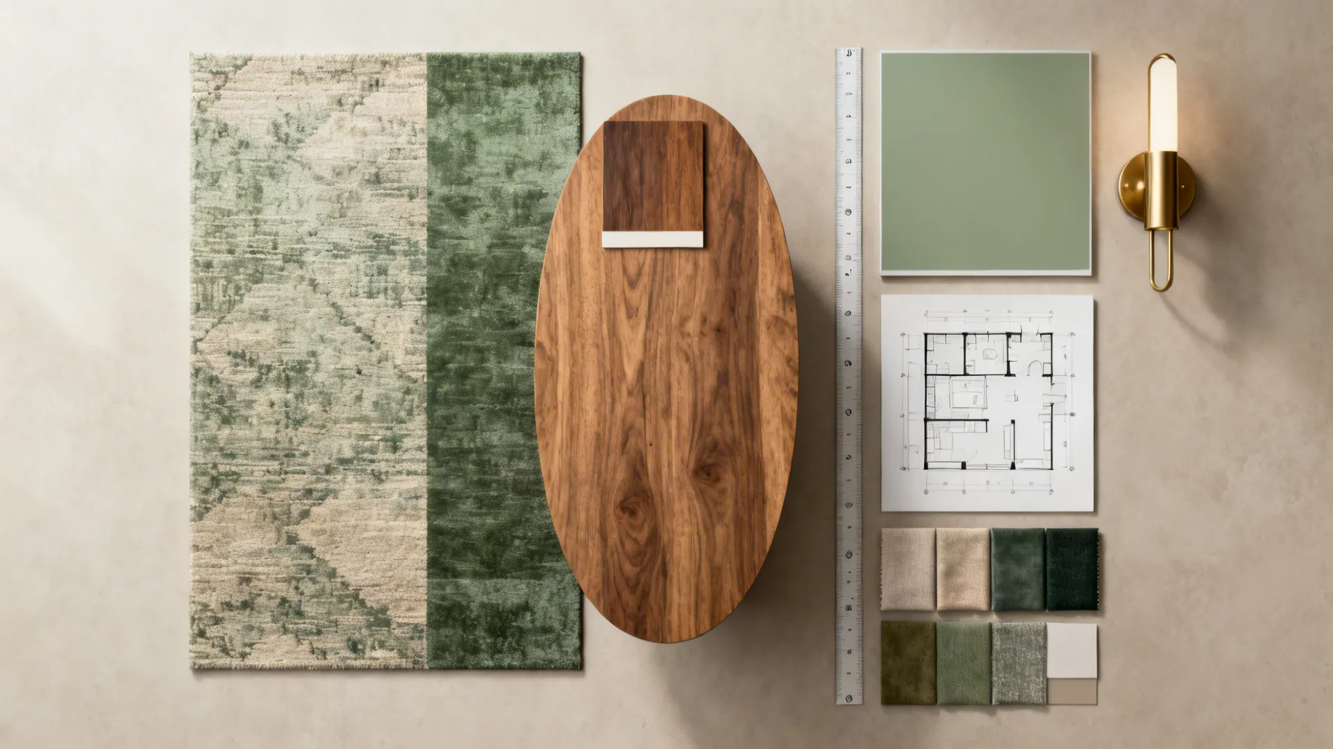 Interior design flat lay with green rug wooden table floor plan and gold wall light