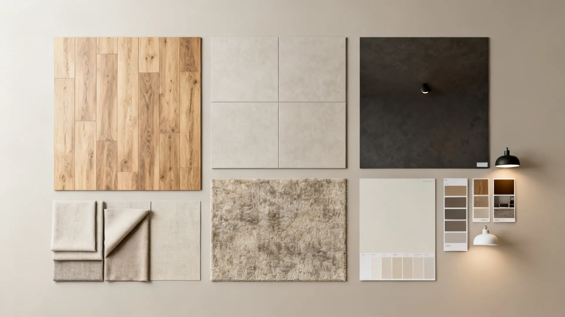 Material flatlay with wood, tile, fabrics and paint swatches for a high-ceiling living room.