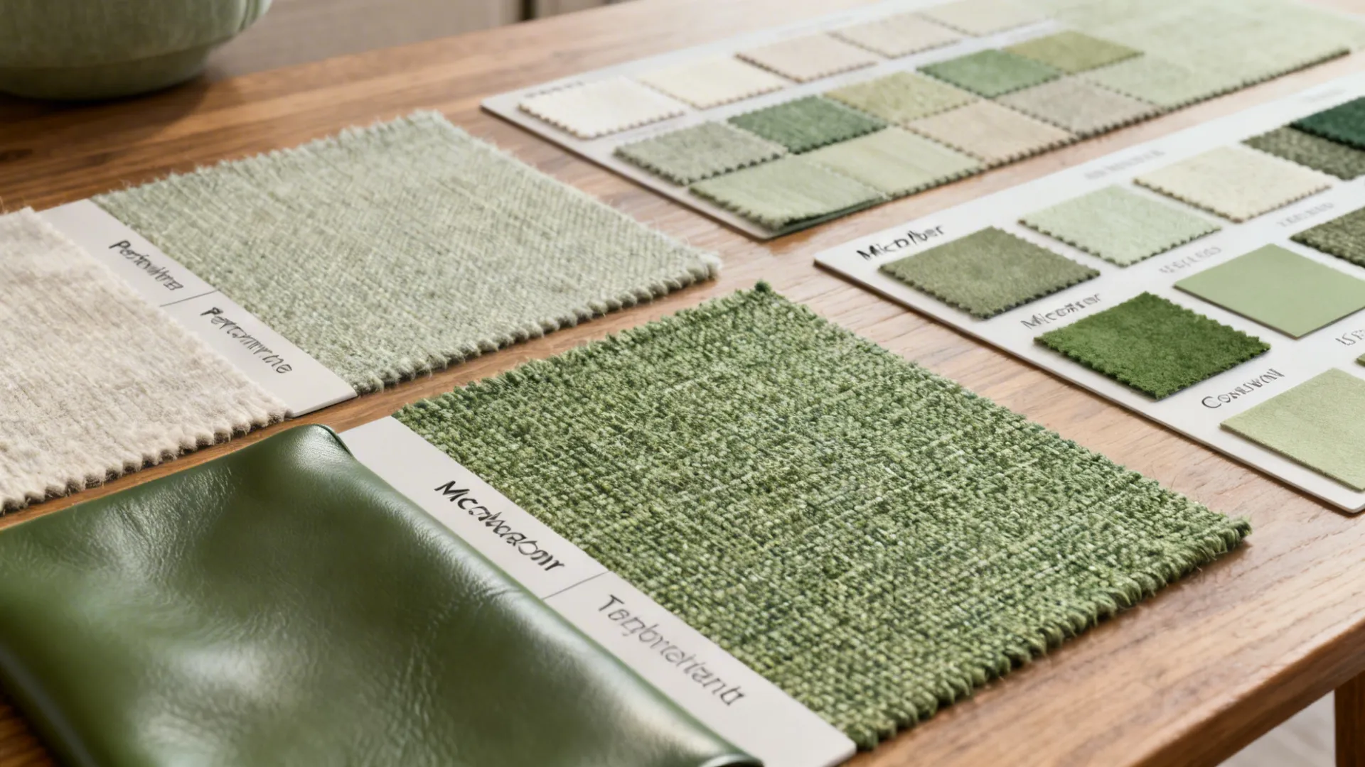 Flatlay of upholstery swatches including performance fabrics, microfiber, and leather for sofa maintenance choices.