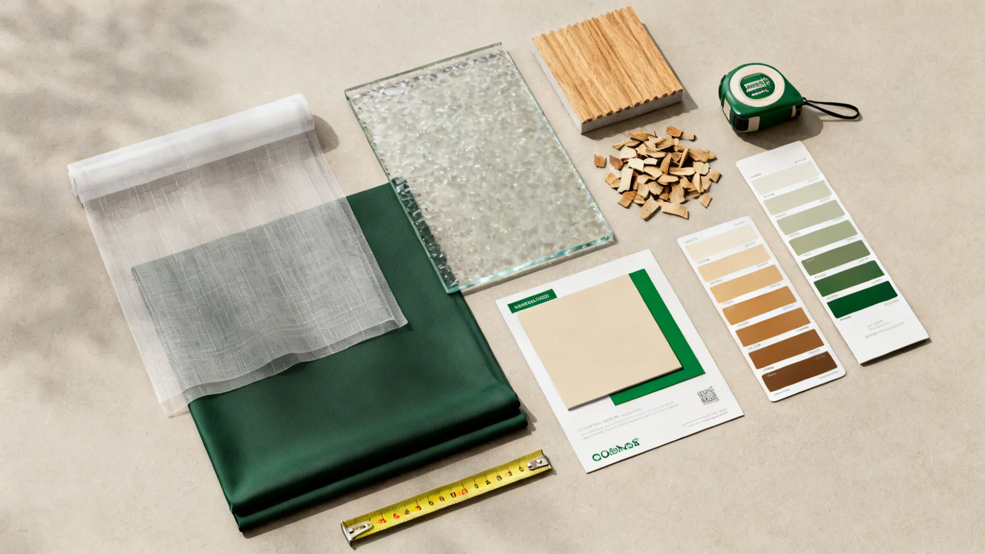 Flatlay of fabric swatches, frosted glass sample, wood chips and acoustic panel for dividing a small space.