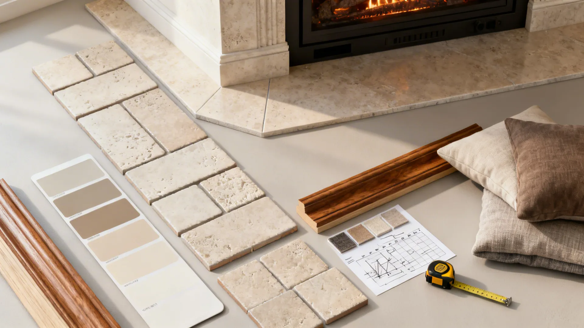 Flatlay of tile, paint and fabric samples for updating a corner fireplace